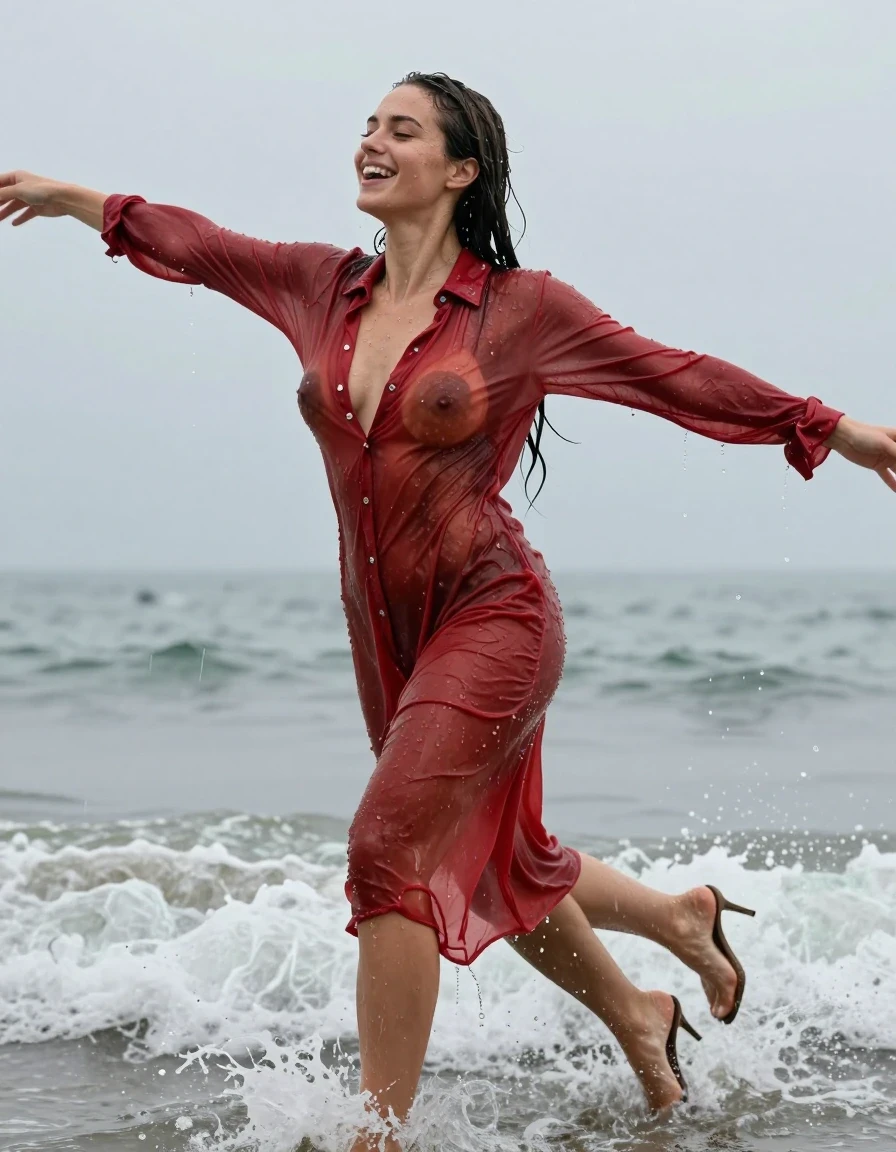 photo of young woman, in soaking wet, drenched clothes,
high-heels, pumps, , see-through, transparent, red cotton floor-length shirt dress, collar-up, complete buttoned-up, long sleeves, completely soaked, clinging to her body and clearly visible breasts and nipples underneath, with no bra worn, shower on her blouse and head, deep water, arms stretched out horizontally to the side, running in the waves on the beach, 
enjoying, wet clothes stuck to body,
detailed textures of the wet clothes, wet face, wet plastered hair,
wet, drenched, professional, high-quality details, full body view.
sharp focus, ultra-high pixel detail, realistic, high-quality, full colors, incredibly detailed, 4k, 8k, 16k, hyper-realistic, RAW photo, masterpiece, ultra-detailed, professionally color graded, professional photograph, view form the side, laughing, brunette, very long, heavy rain, completely soaked, drenched, dripping wet, wet skin, wet hair, wet clothes, damp fabric, wet skin, damp fabric, wet clothes, wet skin, wet clothes, damp fabric, wet skin, wet clothes, damp fabric, wet skin, wet clothes, damp fabric, wet skin, wet clothes, damp fabric, wet skin, wet clothes, damp fabric