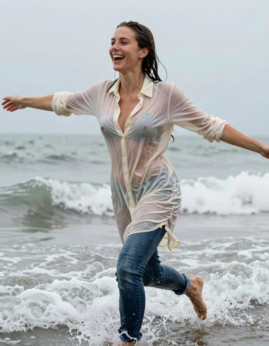 photo of young woman, in soaking wet, drenched clothes,
, blue jeans, cream white cotton floor-length shirt dress, collar-up, complete buttoned-up, long sleeves, completely soaked, clinging to her body and clearly revealing her breasts and nipples underneath, with no bra worn, shower on her blouse and head, deep water, arms stretched out horizontally to the side, running in the waves on the beach, 
enjoying, wet clothes stuck to body,
detailed textures of the wet clothes, wet face, wet plastered hair,
wet, drenched, professional, high-quality details, full body view.
sharp focus, ultra-high pixel detail, realistic, high-quality, full colors, incredibly detailed, 4k, 8k, 16k, hyper-realistic, RAW photo, masterpiece, ultra-detailed, professionally color graded, professional photograph, view form the side, laughing, brunette, very long, heavy rain, completely soaked, drenched, dripping wet, wet skin, wet hair, wet clothes, damp fabric, wet skin, damp fabric, wet clothes, wet skin, wet clothes, damp fabric, wet skin, wet clothes, damp fabric, wet skin, wet clothes, damp fabric, wet skin, wet clothes, damp fabric, wet skin, wet clothes, damp fabric