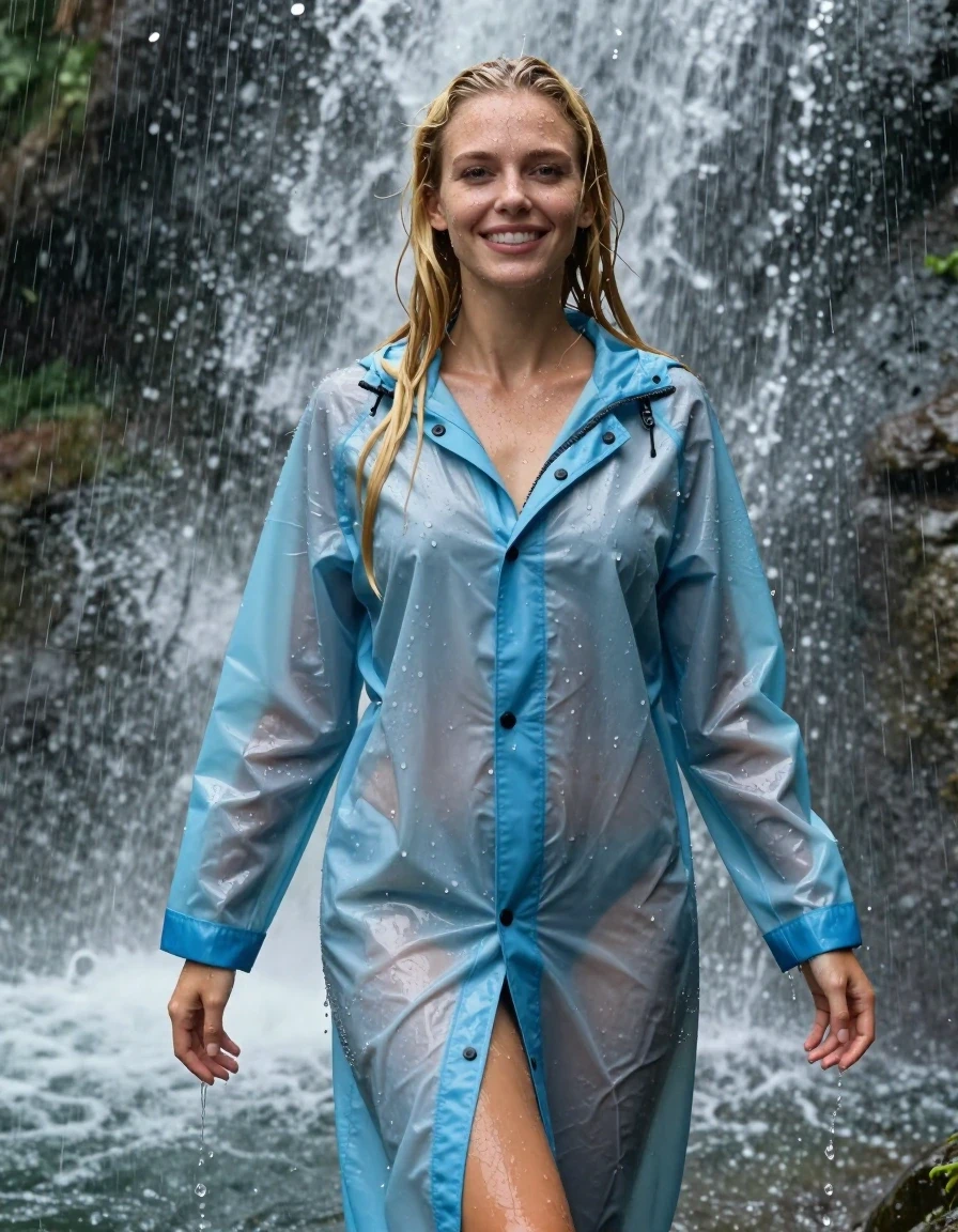 photo of young woman, in soaking wet, drenched clothes,
No underwear , Light blue raincoat soaking wet,  no bra, Standing in the waterfall in the pouring rain , 
enjoying, wet clothes stuck to body,
detailed textures of the wet clothes, wet face, wet plastered hair,
wet, drenched, professional, high-quality details, full body view.
sharp focus, ultra-high pixel detail, realistic, high-quality, full colors, incredibly detailed, 4k, 8k, 16k, hyper-realistic, RAW photo, masterpiece, ultra-detailed, professionally color graded, professional photograph, photo of young woman, in soaking wet, drenched light blue rainjacket ,, dripping wet, shiny, completely soaked, , clinging to her  body  with no bra worn, shower on her , deep water, arms to the side, in a waterfall, enjoying, wet clothes stuck to body, detailed textures of the wet clothes, wet face, wet plastered hair, wet, drenched, professional, high-quality details, full body view. sharp focus, ultra-high pixel detail, realistic, high-quality, full colors, incredibly detailed, 4k, 8k, 16k, hyper-realistic, RAW photo, masterpiece, ultra-detailed, professionally color graded, professional photograph, blond, very long hair soaking wet, smiling, looking to the camera, completely soaked, drenched, dripping wet, wet skin, wet hair, wet clothes, damp fabric, wet skin, drenched fabric, wet clothes, wet skin, wet clothes, damp fabric, wet skin, wet clothes, damp fabric, wet skin, wet clothes, drenched fabric, wet skin, wet clothes, damp fabric, wet skin, wet clothes, damp fabric, wet skin, wet clothes, damp fabric, wet skin, wet clothes, damp fabric