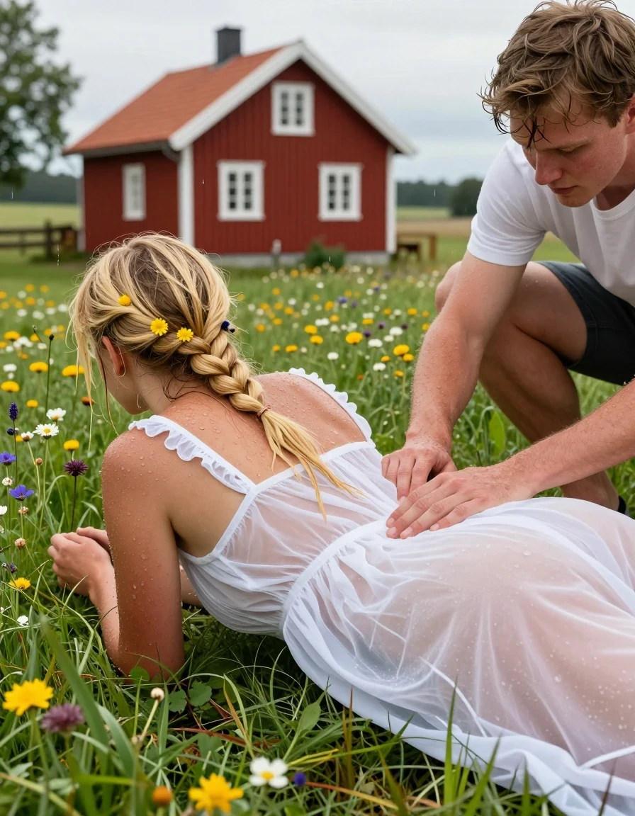 photo of young woman, in soaking wet, drenched clothes,
barfuss, , Leicht transparentes Midi schwedisches Baumwollkleid , grüne Blumenwiese in Schweden, im Hintergrund steht ein rotes Schwedenhaus, 
enjoying, wet clothes stuck to body,
detailed textures of the wet clothes, wet face, wet plastered hair,
wet, drenched, professional, high-quality details, full body view.
sharp focus, ultra-high pixel detail, realistic, high-quality, full colors, incredibly detailed, 4k, 8k, 16k, hyper-realistic, RAW photo, masterpiece, ultra-detailed, professionally color graded, professional photograph, Fotorealistische Rückansicht eines jungen 18-jährigen schwedischen Mädchens, sie ist sehr klein und zierlich, sie hat ihr hüftlanges hellblondes Haar zu 2 Zöpfe gebunden, im Haar trägt sie Blumen, im Gesicht hat sie Sommersprossen, sie trägt ein weißes knielanges Baumwollkleid, das Kleid ist leicht transparent, das Mädchen hat mittelgroße flache Brüste, sie liegt auf dem Bauch in Schweden auf einer Blumenwiese im strömenden Regen, die Kamera zeigt ihre Rückansicht von oben, ihr Kleid ist völlig durchnässt und klebt an ihrem Körper, neben ihr kniet ein junger Mann in dunkelgrünen Boxershorts und legt eine Hand auf ihr Knie., wet skin, wet clothes, damp fabric