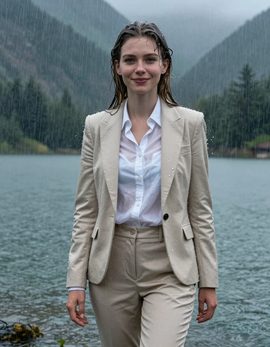 A photorealistic full-body shot of Disney Elsa from Frozen depicted as a young adult European woman with a long layered haircut and side parting, standing in a mountain lake during a heavy rainstorm. She is wearing a white button-down long-sleeve shirt under a beige business suit jacket and matching beige business suit trousers. The entire outfit is completely soaked, fully drenched, and clinging to her body, with the white shirt becoming translucent due to the heavy downpour. Her skin and hair are glistening with water, showcasing a realistic wetlook. The fabric appears heavy, damp, and saturated, with visible folds and textures reflecting the stormy light. She is standing in deep water, smiling faintly with open eyes, looking directly ahead. The environment features a dramatic, moody mountain lake under a torrential rain storm, with cinematic lighting emphasizing the water sheen on her skin and the dark, saturated tones of her drenched professional attire. 4k high resolution, hyper-realistic textures, intricate water droplets, atmospheric depth.