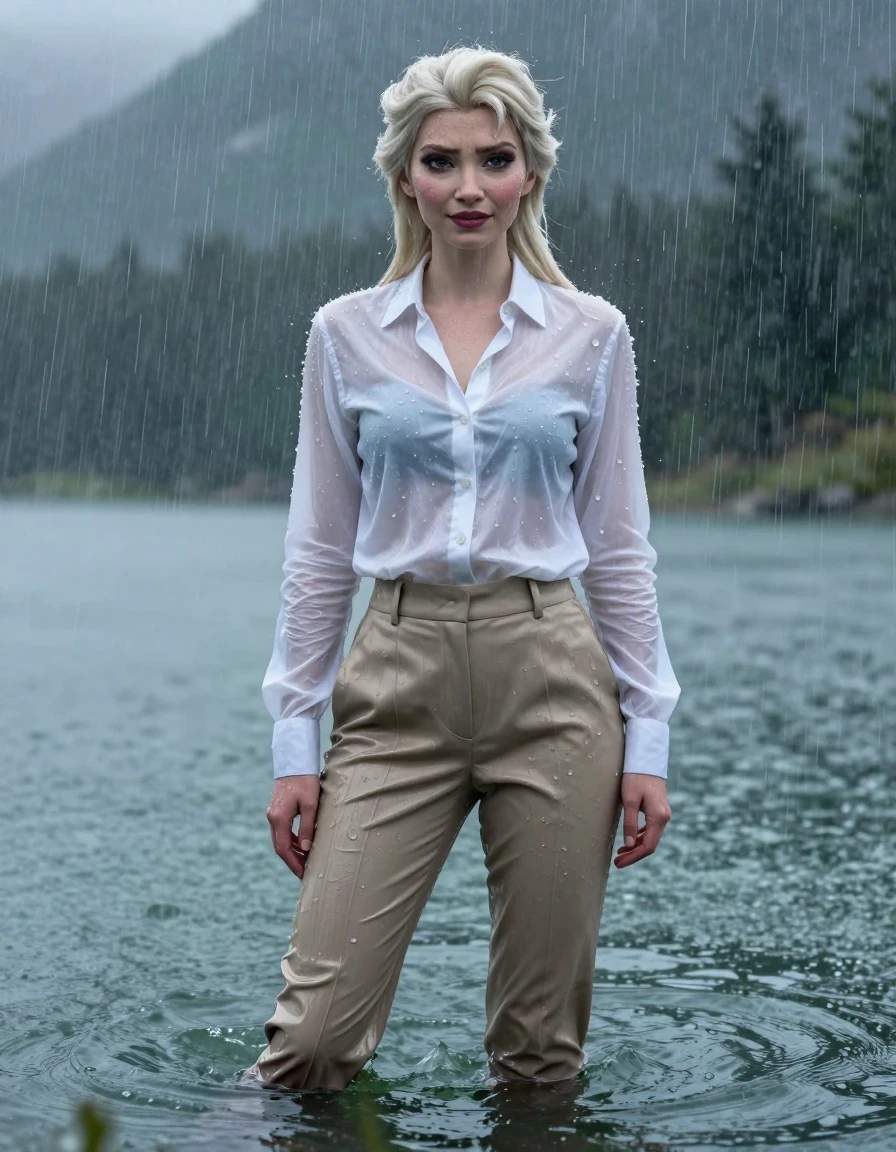 A photorealistic, full-body portrait of Disney Elsa from Frozen, appearing as a young adult European woman with a long layered cut and side-parted hair, standing in deep mountain lake water, fully submerged up to her breasts. She is wearing a crisp white button-down long-sleeve shirt and beige business suit trousers. The entire outfit is completely soaked, fully drenched, and heavy with water, with the white shirt becoming translucent and clinging tightly to her skin, revealing the texture of her skin beneath. The beige trousers are water-saturated, significantly darkened to a deep tan and earth tone, with heavy wet folds, clinging to her legs, and showing strong glossy specular reflections on the seams and creases. She has a sexy expression, open eyes, and her skin and hair are glistening with water sheen. She is standing in a heavy rain storm, showering under the downpour. The environment is a moody mountain lake with atmospheric rain and misty surroundings. 4k high resolution, hyper-detailed wet skin, damp fabric texture, realistic water droplets, cinematic lighting, dramatic wetlook aesthetic.