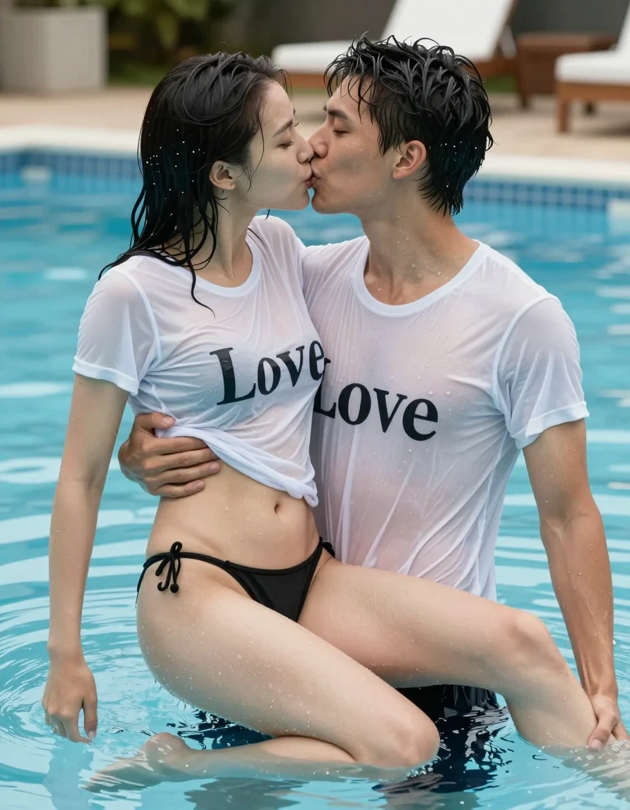 photo of young woman, in soaking wet, drenched clothes,
barfuss, schwarzer nasser alter lycra tanga, enges weißes nasses t-shirt mit aufschrift "Love" kein bh no bra darunter, pool, 
enjoying, wet clothes stuck to body,
detailed textures of the wet clothes, wet face, wet plastered hair,
wet, drenched, professional, high-quality details, full body view.
sharp focus, ultra-high pixel detail, realistic, high-quality, full colors, incredibly detailed, 4k, 8k, 16k, hyper-realistic, RAW photo, masterpiece, ultra-detailed, professionally color graded, professional photograph, schwarze junge frau wird im pool im schultertiefen wasser von einem mann durch das wasser getragen, die frau schlingt ihre beine um die hüften des mannes unter wasser und über wasser hat sie ihre arme um seinen nacken gelegt. beides sind klatschnass und küssen sich leidenschaftlich dann lässt der mann die frau fallen sie taucht ab und wieder auf, streicht das wassser aus ihrem gesicht und lacht, wet skin, wet clothes, damp fabric