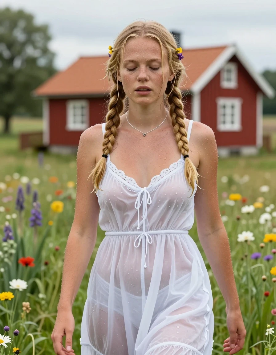 photo of young woman, in soaking wet, drenched clothes,
barfuss, , Leichtes Midi schwedisches Baumwollkleid , Tiefer Teich auf einer grünen Blumenwiese in Schweden, im Hintergrund steht ein rotes Schwedenhaus, 
enjoying, wet clothes stuck to body,
detailed textures of the wet clothes, wet face, wet plastered hair,
wet, drenched, professional, high-quality details, full body view.
sharp focus, ultra-high pixel detail, realistic, high-quality, full colors, incredibly detailed, 4k, 8k, 16k, hyper-realistic, RAW photo, masterpiece, ultra-detailed, professionally color graded, professional photograph, Fotorealistische Vollansicht eines jungen 18-jährigen schwedischen Mädchens, sie ist sehr klein und zierlich, sie trägt eine weiße Halskette, sie hat ihr hüftlanges hellblondes Haar zu 2 Zöpfe gebunden, im Haar trägt sie Blumen, im Gesicht hat sie Sommersprossen, sie trägt ein weißes knielanges Baumwollkleid, das Kleid ist etwas transparent, das Mädchen hat mittelgroße flache Brüste, ihre Brüste werden durch den nassen dünnen Stoff ihres Kleides sichtbar, sie trägt keinen BH, ihr Kleid ist völlig durchnässt und klebt an ihrem Körper,, wet skin, wet clothes, damp fabric, wet skin, wet clothes, damp fabric