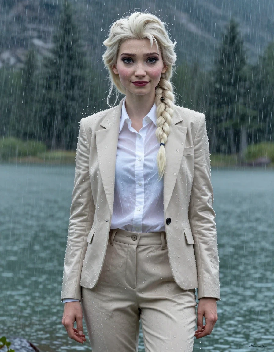 CGI photorealistic full-body portrait of Disney Elsa from Frozen as a young adult European woman with a long layered cut and side-parted hair, standing in a deep mountain lake during a heavy rainstorm. She is wearing a white button-down long-sleeve shirt under a beige business suit jacket and matching beige business suit trousers. The entire outfit is completely soaked, fully drenched, and heavy with water, with the damp fabric clinging tightly to her body, making the white shirt translucent and revealing the texture of her skin underneath. Her skin is glistening with a wet sheen, and her hair is matted and dripping. The scene is set in a dramatic rainstorm, capturing the intensity of the downpour. The lighting is moody and natural, reflecting off the wet surfaces of her clothes and skin. 4k high resolution, hyper-detailed wet look, cinematic composition, water-saturated fabric with visible folds and heavy weight.