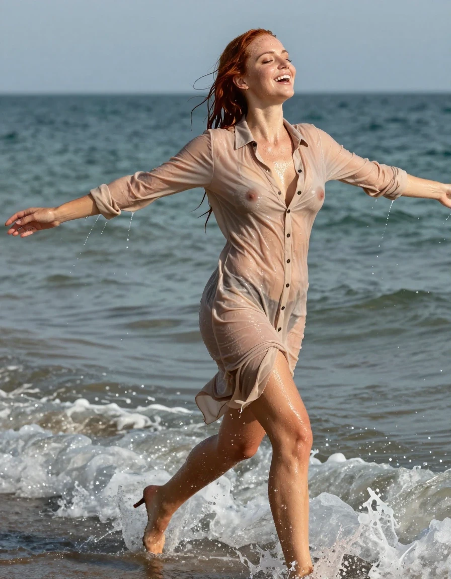 photo of young woman, in soaking wet, drenched clothes,
high-heels, , see-through, transparent, light brown cotton floor-length shirt dress, collar-up, complete buttoned-up, long sleeves, completely soaked, clinging to her body and clearly visible breasts and nipples underneath, with no bra worn, shower on her blouse and head, deep water, arms stretched out horizontally to the side, running in the waves on the beach, 
enjoying, wet clothes stuck to body,
detailed textures of the wet clothes, wet face, wet plastered hair,
wet, drenched, professional, high-quality details, full body view.
sharp focus, ultra-high pixel detail, realistic, high-quality, full colors, incredibly detailed, 4k, 8k, 16k, hyper-realistic, RAW photo, masterpiece, ultra-detailed, professionally color graded, professional photograph, sunshine, view form the side, laughing, red hair, very long, heavy rain, completely soaked, drenched, dripping wet, wet skin, wet hair, wet clothes, damp fabric, wet skin, damp fabric, wet clothes, wet skin, wet clothes, damp fabric, wet skin, wet clothes, damp fabric, wet skin, wet clothes, damp fabric, wet skin, wet clothes, damp fabric, wet skin, wet clothes, damp fabric