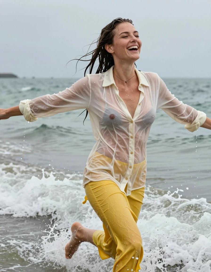photo of young woman, in soaking wet, drenched clothes,
, yellow long jeans skirt, see-through cream white cotton shirt dress, collar-up, complete buttoned-up, long sleeves, completely soaked, clinging to her body and clearly visible breasts and nipples underneath, with no bra worn, shower on her blouse and head, deep water, arms stretched out horizontally to the side, running in the waves on the beach, 
enjoying, wet clothes stuck to body,
detailed textures of the wet clothes, wet face, wet plastered hair,
wet, drenched, professional, high-quality details, full body view.
sharp focus, ultra-high pixel detail, realistic, high-quality, full colors, incredibly detailed, 4k, 8k, 16k, hyper-realistic, RAW photo, masterpiece, ultra-detailed, professionally color graded, professional photograph, view form the side, laughing, brunette, very long, heavy rain, completely soaked, drenched, dripping wet, wet skin, wet hair, wet clothes, damp fabric, wet skin, damp fabric, wet clothes, wet skin, wet clothes, damp fabric, wet skin, wet clothes, damp fabric, wet skin, wet clothes, damp fabric, wet skin, wet clothes, damp fabric, wet skin, wet clothes, damp fabric