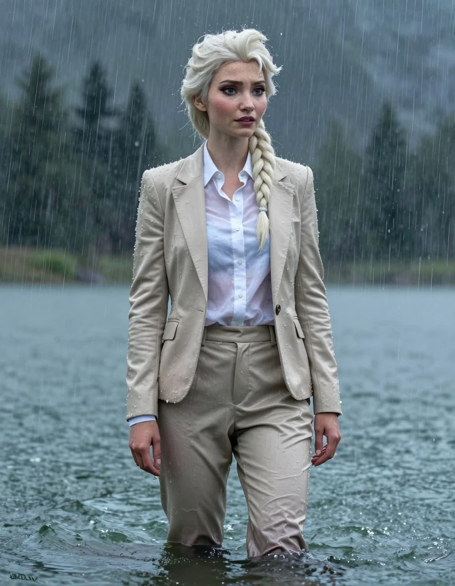 Full body cinematic shot of Disney Elsa from Frozen with a long layered cut and side-parted hair, standing in deep water of a mountain lake during a heavy rainstorm. She is wearing a white button-down long-sleeve shirt under a beige business suit jacket and matching beige business suit trousers. The clothing is completely soaked, fully drenched, and clinging to her body, with the white shirt becoming translucent due to the heavy saturation. The fabric shows dark, damp patches, heavy folds, and a wetlook sheen. Her skin is glistening with water, and her hair is matted and wet from the pouring rain. She is fully submerged up to her waist, eyes open, standing amidst a downpour. The scene is captured in 4k high resolution with dramatic lighting, emphasizing the textures of the wet fabric, the heavy water sheen, and the intense atmosphere of the storm.