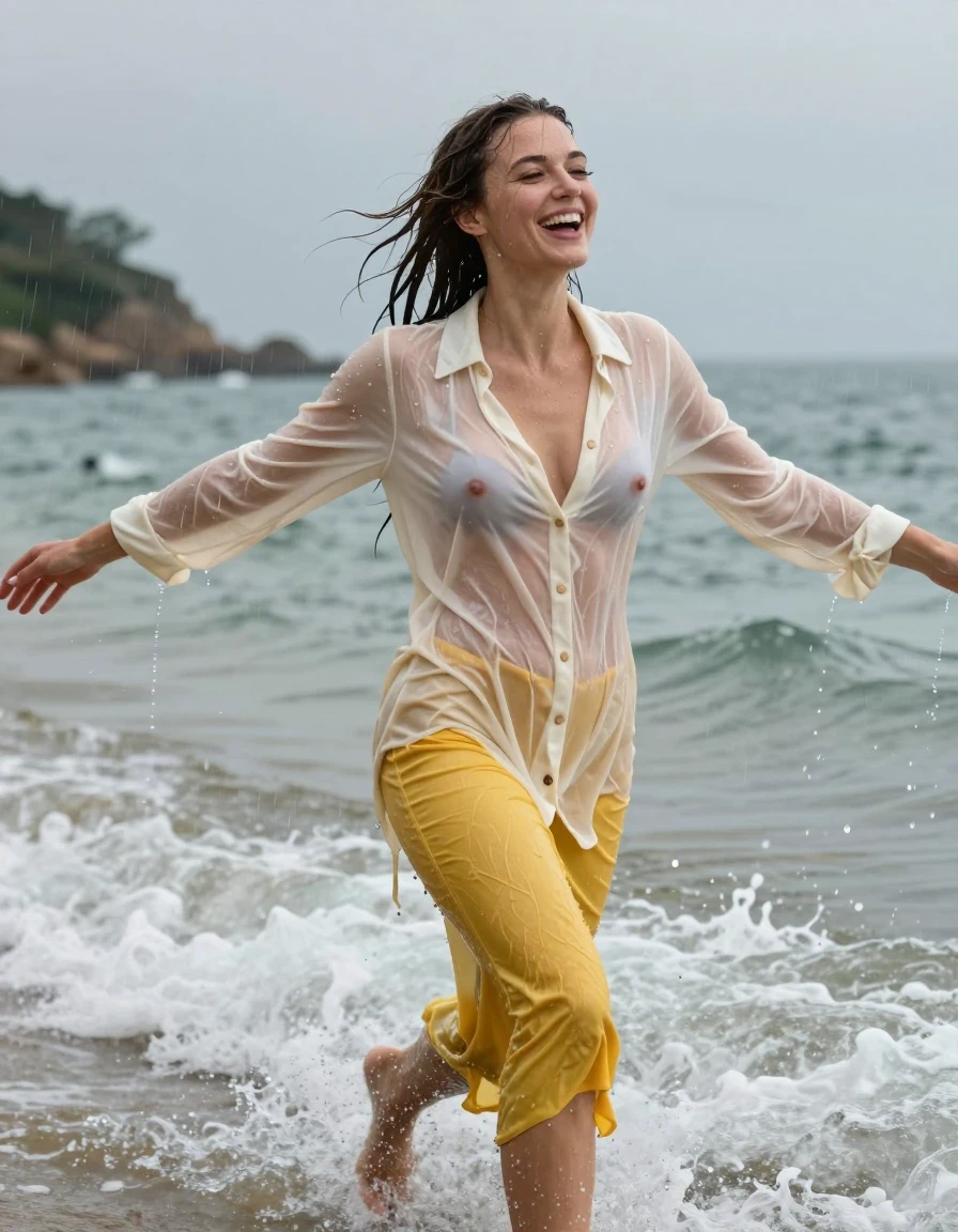 photo of young woman, in soaking wet, drenched clothes,
, yellow long jeans skirt, see-through cream white cotton floor-length shirt dress, collar-up, complete buttoned-up, long sleeves, completely soaked, clinging to her body and clearly visible breasts and nipples underneath, with no bra worn, shower on her blouse and head, deep water, arms stretched out horizontally to the side, running in the waves on the beach, 
enjoying, wet clothes stuck to body,
detailed textures of the wet clothes, wet face, wet plastered hair,
wet, drenched, professional, high-quality details, full body view.
sharp focus, ultra-high pixel detail, realistic, high-quality, full colors, incredibly detailed, 4k, 8k, 16k, hyper-realistic, RAW photo, masterpiece, ultra-detailed, professionally color graded, professional photograph, view form the side, laughing, brunette, very long, heavy rain, completely soaked, drenched, dripping wet, wet skin, wet hair, wet clothes, damp fabric, wet skin, damp fabric, wet clothes, wet skin, wet clothes, damp fabric, wet skin, wet clothes, damp fabric, wet skin, wet clothes, damp fabric, wet skin, wet clothes, damp fabric, wet skin, wet clothes, damp fabric