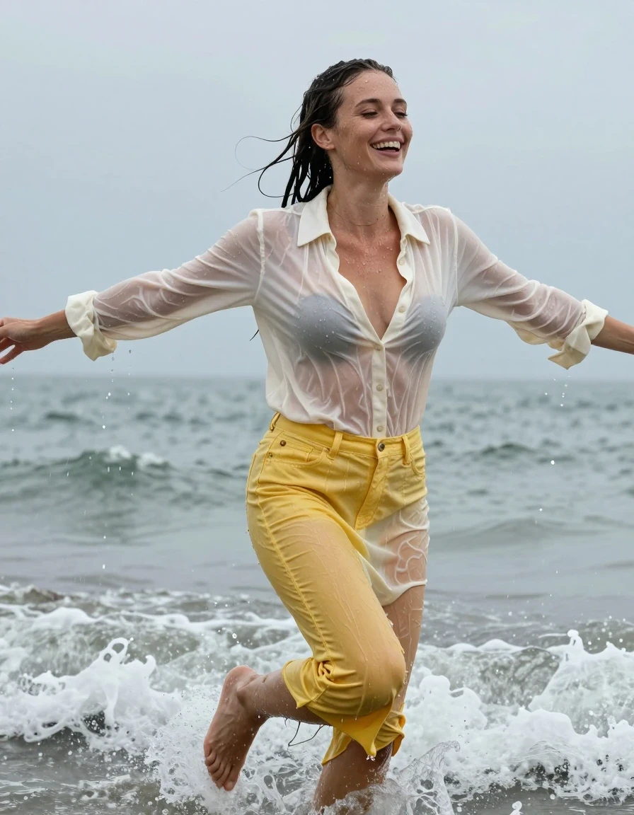 photo of young woman, in soaking wet, drenched clothes,
, yellow jeans skirt, cream white cotton floor-length shirt dress, collar-up, complete buttoned-up, long sleeves, completely soaked, clinging to her body and clearly visible breasts and nipples underneath, with no bra worn, shower on her blouse and head, deep water, arms stretched out horizontally to the side, running in the waves on the beach, 
enjoying, wet clothes stuck to body,
detailed textures of the wet clothes, wet face, wet plastered hair,
wet, drenched, professional, high-quality details, full body view.
sharp focus, ultra-high pixel detail, realistic, high-quality, full colors, incredibly detailed, 4k, 8k, 16k, hyper-realistic, RAW photo, masterpiece, ultra-detailed, professionally color graded, professional photograph, view form the side, laughing, brunette, very long, heavy rain, completely soaked, drenched, dripping wet, wet skin, wet hair, wet clothes, damp fabric, wet skin, damp fabric, wet clothes, wet skin, wet clothes, damp fabric, wet skin, wet clothes, damp fabric, wet skin, wet clothes, damp fabric, wet skin, wet clothes, damp fabric, wet skin, wet clothes, damp fabric