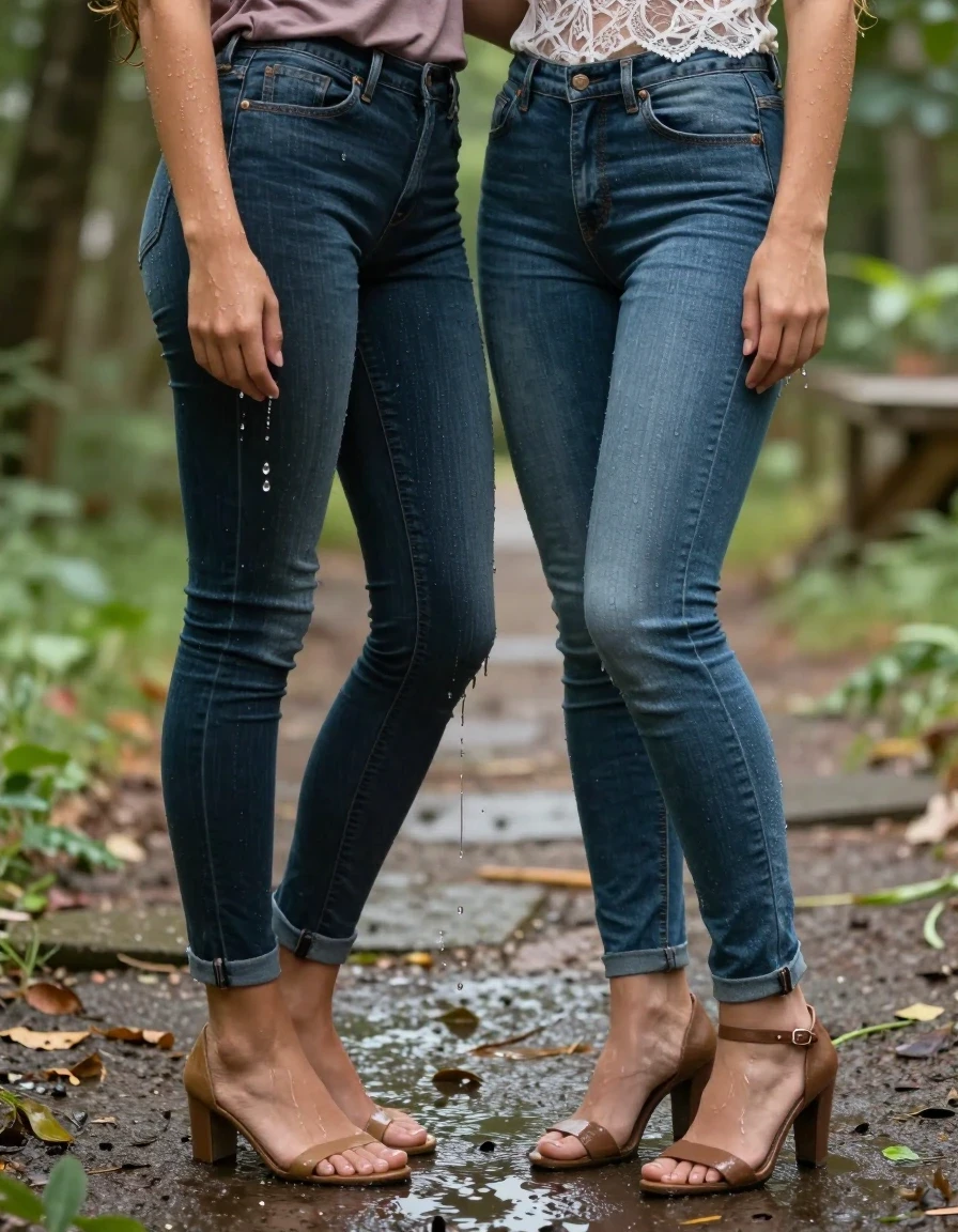 photo of young woman, in soaking wet, drenched clothes,
heels, Jeans tights , Lace  top, Romantic place, 
enjoying, wet clothes stuck to body,
detailed textures of the wet clothes, wet face, wet plastered hair,
wet, drenched, professional, high-quality details, full body view.
sharp focus, ultra-high pixel detail, realistic, high-quality, full colors, incredibly detailed, 4k, 8k, 16k, hyper-realistic, RAW photo, masterpiece, ultra-detailed, professionally color graded, professional photograph, standing and romanceing with another women, wet skin, wet clothes, damp fabric