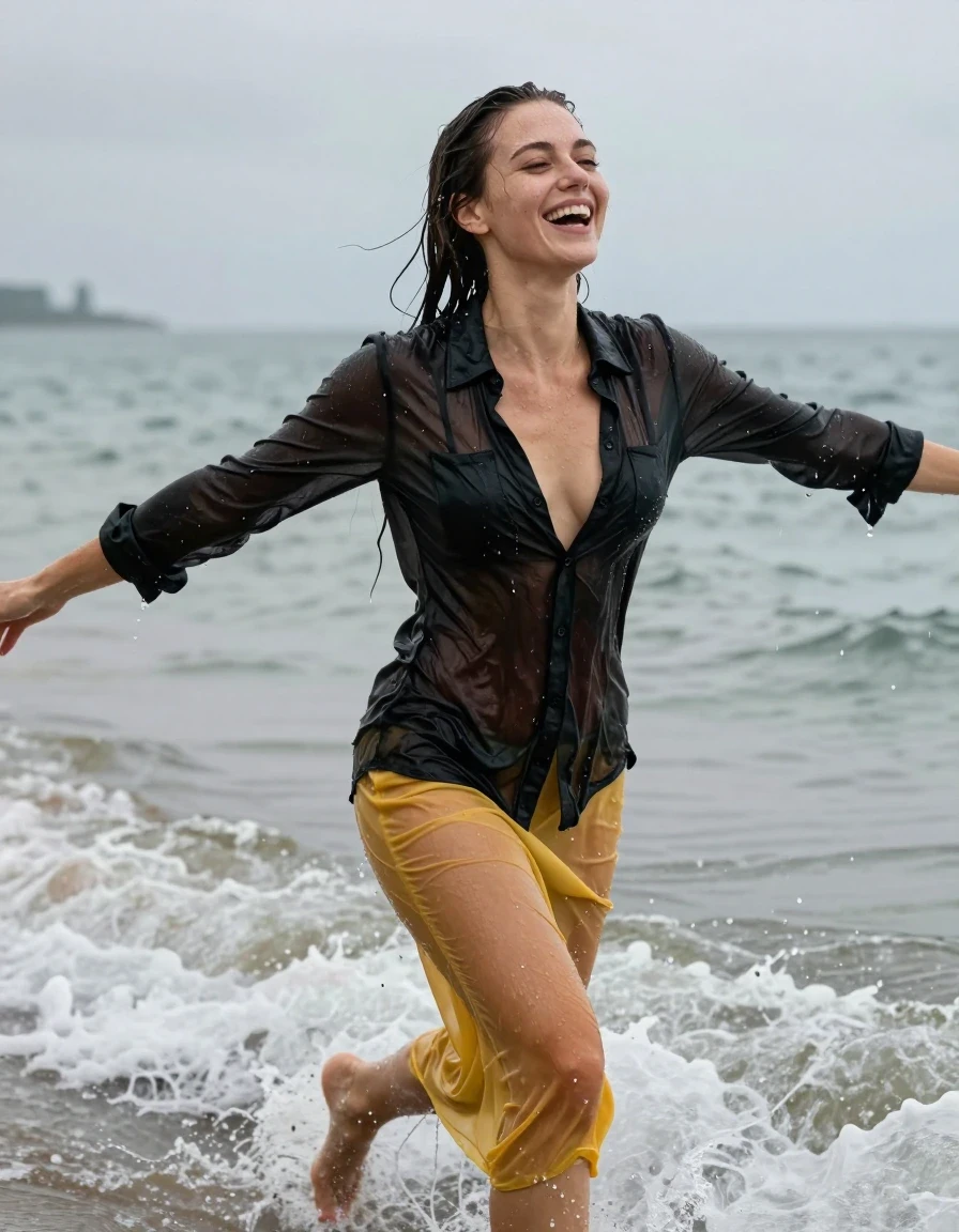 photo of young woman, in soaking wet, drenched clothes,
, yellow long jeans skirt, see-through, transparent, black cotton shirt dress, collar-up, complete buttoned-up, long sleeves, completely soaked, clinging to her body and clearly visible breasts and nipples underneath, with no bra worn, shower on her blouse and head, deep water, arms stretched out horizontally to the side, running in the waves on the beach, 
enjoying, wet clothes stuck to body,
detailed textures of the wet clothes, wet face, wet plastered hair,
wet, drenched, professional, high-quality details, full body view.
sharp focus, ultra-high pixel detail, realistic, high-quality, full colors, incredibly detailed, 4k, 8k, 16k, hyper-realistic, RAW photo, masterpiece, ultra-detailed, professionally color graded, professional photograph, view form the side, laughing, brunette, very long, heavy rain, completely soaked, drenched, dripping wet, wet skin, wet hair, wet clothes, damp fabric, wet skin, damp fabric, wet clothes, wet skin, wet clothes, damp fabric, wet skin, wet clothes, damp fabric, wet skin, wet clothes, damp fabric, wet skin, wet clothes, damp fabric, wet skin, wet clothes, damp fabric