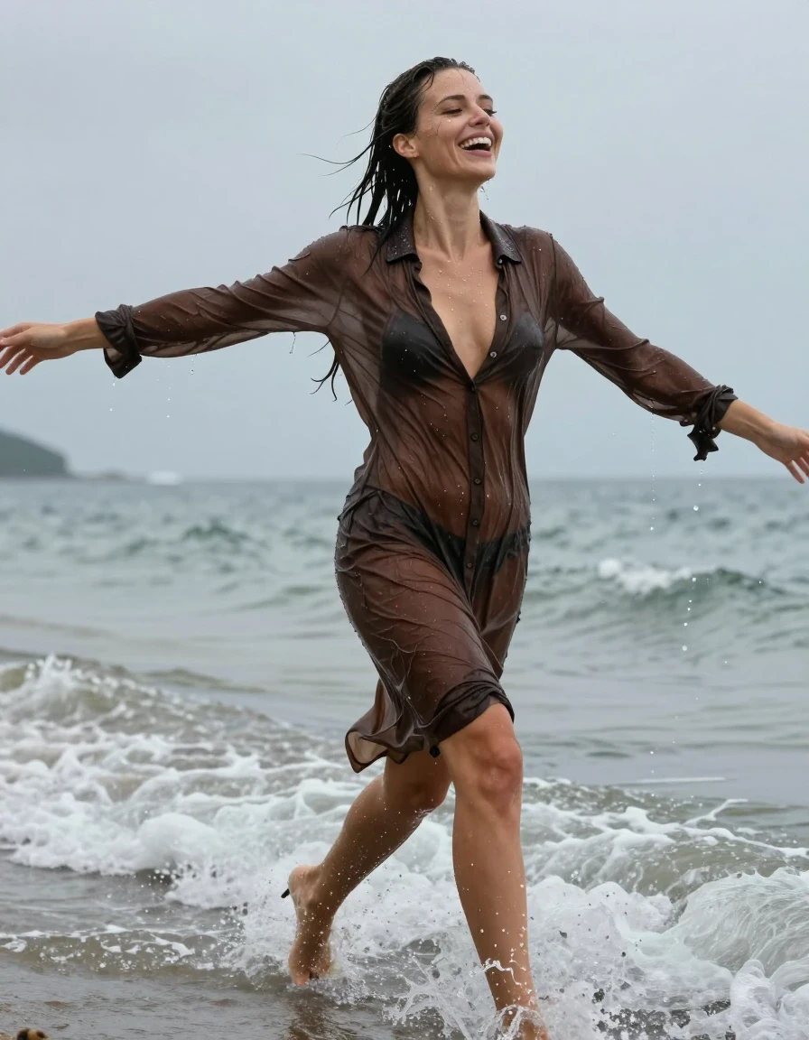 photo of young woman, in soaking wet, drenched clothes,
high-heels, , see-through, transparent, dark brown cotton floor-length shirt dress, collar-up, complete buttoned-up, long sleeves, completely soaked, clinging to her body and clearly visible breasts and nipples underneath, with no bra worn, shower on her blouse and head, deep water, arms stretched out horizontally to the side, running in the waves on the beach, 
enjoying, wet clothes stuck to body,
detailed textures of the wet clothes, wet face, wet plastered hair,
wet, drenched, professional, high-quality details, full body view.
sharp focus, ultra-high pixel detail, realistic, high-quality, full colors, incredibly detailed, 4k, 8k, 16k, hyper-realistic, RAW photo, masterpiece, ultra-detailed, professionally color graded, professional photograph, view form the side, laughing, brunette, very long, heavy rain, completely soaked, drenched, dripping wet, wet skin, wet hair, wet clothes, damp fabric, wet skin, damp fabric, wet clothes, wet skin, wet clothes, damp fabric, wet skin, wet clothes, damp fabric, wet skin, wet clothes, damp fabric, wet skin, wet clothes, damp fabric, wet skin, wet clothes, damp fabric