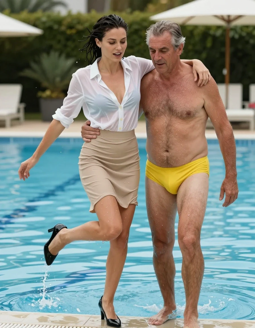 photo of young woman, in soaking wet, drenched clothes,
black patent leather heels, knee length skirt, beige, white silk blouse no bra, swimming pool, 
enjoying, wet clothes stuck to body,
detailed textures of the wet clothes, wet face, wet plastered hair,
wet, drenched, professional, high-quality details, full body view.
sharp focus, ultra-high pixel detail, realistic, high-quality, full colors, incredibly detailed, 4k, 8k, 16k, hyper-realistic, RAW photo, masterpiece, ultra-detailed, professionally color graded, professional photograph, husband is in his late 50s, dad body, slightly hairy chest. he is wearing a yellow speedo that is very tight on him and showoff his cock outline. The wife jumped into the fully dressed and they embrace and then climb out of the pool together, wet skin, wet clothes, damp fabric