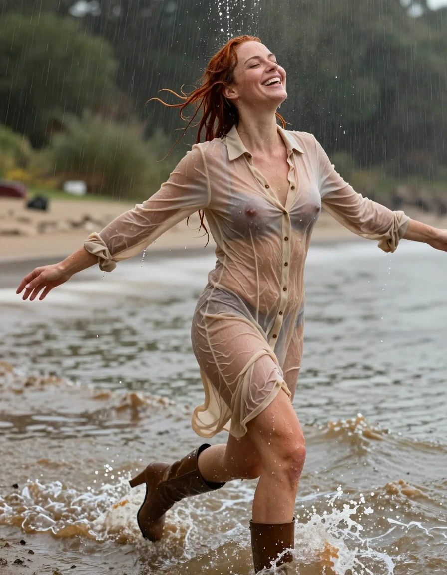 photo of young woman, in soaking wet, drenched clothes,
high-heeled boots, , see-through, transparent, light brown cotton floor-length shirt dress, collar-up, complete buttoned-up, long sleeves, completely soaked, clinging to her body and clearly visible breasts and nipples underneath, with no bra worn, shower on her blouse and head, deep water, arms stretched out horizontally to the side, running in the waves of a muddy pool, 
enjoying, wet clothes stuck to body,
detailed textures of the wet clothes, wet face, wet plastered hair,
wet, drenched, professional, high-quality details, full body view.
sharp focus, ultra-high pixel detail, realistic, high-quality, full colors, incredibly detailed, 4k, 8k, 16k, hyper-realistic, RAW photo, masterpiece, ultra-detailed, professionally color graded, professional photograph, sunshine, view form the side, laughing, red hair, very long, heavy rain, completely soaked, drenched, dripping wet, wet skin, wet hair, wet clothes, damp fabric, wet skin, damp fabric, wet clothes, wet skin, wet clothes, damp fabric, wet skin, wet clothes, damp fabric, wet skin, wet clothes, damp fabric, wet skin, wet clothes, damp fabric, wet skin, wet clothes, damp fabric