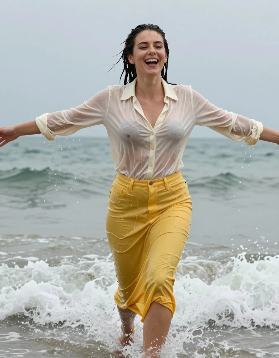 photo of young woman, in soaking wet, drenched clothes,
, yellow long jeans skirt, cream white cotton floor-length shirt dress, collar-up, complete buttoned-up, long sleeves, completely soaked, clinging to her body and clearly visible breasts and nipples underneath, with no bra worn, shower on her blouse and head, deep water, arms stretched out horizontally to the side, running in the waves on the beach, 
enjoying, wet clothes stuck to body,
detailed textures of the wet clothes, wet face, wet plastered hair,
wet, drenched, professional, high-quality details, full body view.
sharp focus, ultra-high pixel detail, realistic, high-quality, full colors, incredibly detailed, 4k, 8k, 16k, hyper-realistic, RAW photo, masterpiece, ultra-detailed, professionally color graded, professional photograph, view form the side, laughing, brunette, very long, heavy rain, completely soaked, drenched, dripping wet, wet skin, wet hair, wet clothes, damp fabric, wet skin, damp fabric, wet clothes, wet skin, wet clothes, damp fabric, wet skin, wet clothes, damp fabric, wet skin, wet clothes, damp fabric, wet skin, wet clothes, damp fabric, wet skin, wet clothes, damp fabric