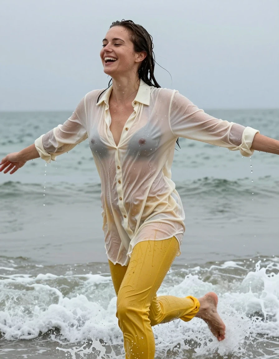 photo of young woman, in soaking wet, drenched clothes,
, yellow jeans, cream white cotton floor-length shirt dress, collar-up, complete buttoned-up, long sleeves, completely soaked, clinging to her body and clearly visible breasts and nipples underneath, with no bra worn, shower on her blouse and head, deep water, arms stretched out horizontally to the side, running in the waves on the beach, 
enjoying, wet clothes stuck to body,
detailed textures of the wet clothes, wet face, wet plastered hair,
wet, drenched, professional, high-quality details, full body view.
sharp focus, ultra-high pixel detail, realistic, high-quality, full colors, incredibly detailed, 4k, 8k, 16k, hyper-realistic, RAW photo, masterpiece, ultra-detailed, professionally color graded, professional photograph, view form the side, laughing, brunette, very long, heavy rain, completely soaked, drenched, dripping wet, wet skin, wet hair, wet clothes, damp fabric, wet skin, damp fabric, wet clothes, wet skin, wet clothes, damp fabric, wet skin, wet clothes, damp fabric, wet skin, wet clothes, damp fabric, wet skin, wet clothes, damp fabric, wet skin, wet clothes, damp fabric