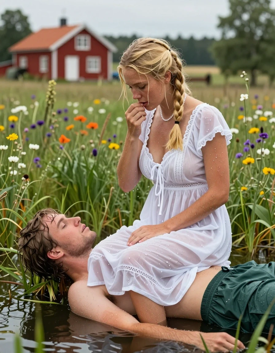 photo of young woman, in soaking wet, drenched clothes,
barfuss, , Leichtes Midi schwedisches Baumwollkleid , Tiefer Teich auf einer grünen Blumenwiese in Schweden, im Hintergrund steht ein rotes Schwedenhaus, 
enjoying, wet clothes stuck to body,
detailed textures of the wet clothes, wet face, wet plastered hair,
wet, drenched, professional, high-quality details, full body view.
sharp focus, ultra-high pixel detail, realistic, high-quality, full colors, incredibly detailed, 4k, 8k, 16k, hyper-realistic, RAW photo, masterpiece, ultra-detailed, professionally color graded, professional photograph, Fotorealistische Vollansicht eines jungen 18-jährigen schwedischen Mädchens, sie ist sehr klein und zierlich, sie trägt eine weiße Halskette, sie hat ihr hüftlanges hellblondes Haar zu 2 Zöpfe gebunden, im Haar trägt sie Blumen, im Gesicht hat sie Sommersprossen, sie trägt ein weißes knielanges Baumwollkleid, das Kleid ist etwas transparent, das Mädchen hat mittelgroße flache Brüste, ihre Brüste werden durch den nassen dünnen Stoff ihres Kleides sichtbar, sie trägt keinen BH, ihr Kleid ist völlig durchnässt und klebt an ihrem Körper, sie liegt auf einem jungen Mann in einem Teich und beide sind völlig durchnässt, der junge Mann trägt eine durchnässte dunkelgrüne Boxershorts und einen freien Oberkörper, sie küssen sich gegenseitig., wet skin, wet clothes, damp fabric