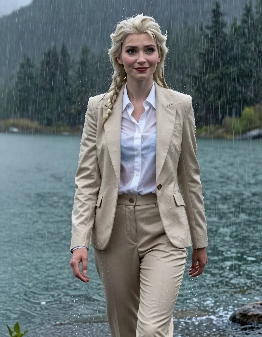 Full body cinematic shot of Disney Elsa from Frozen with a long layered haircut and side parting, standing in a deep mountain lake during a heavy rainstorm. She is wearing a beige business suit jacket over a white button-down long-sleeve shirt and matching beige business suit trousers. The entire outfit is completely soaked, fully drenched, and heavy with water, with the damp fabric clinging tightly to her body and the white shirt becoming translucent. Her skin and hair are glistening with water sheen, showing a realistic wetlook. She has a subtle smile and open eyes, looking towards the camera while being showered by intense rain. The environment is a moody, stormy mountain lake with heavy rainfall creating ripples and splashes. High-resolution 4k photography, hyper-realistic wet textures, deep saturation in the soaked beige fabric, visible fabric weight, folds, and clinging, dramatic lighting, sharp focus on the subject.