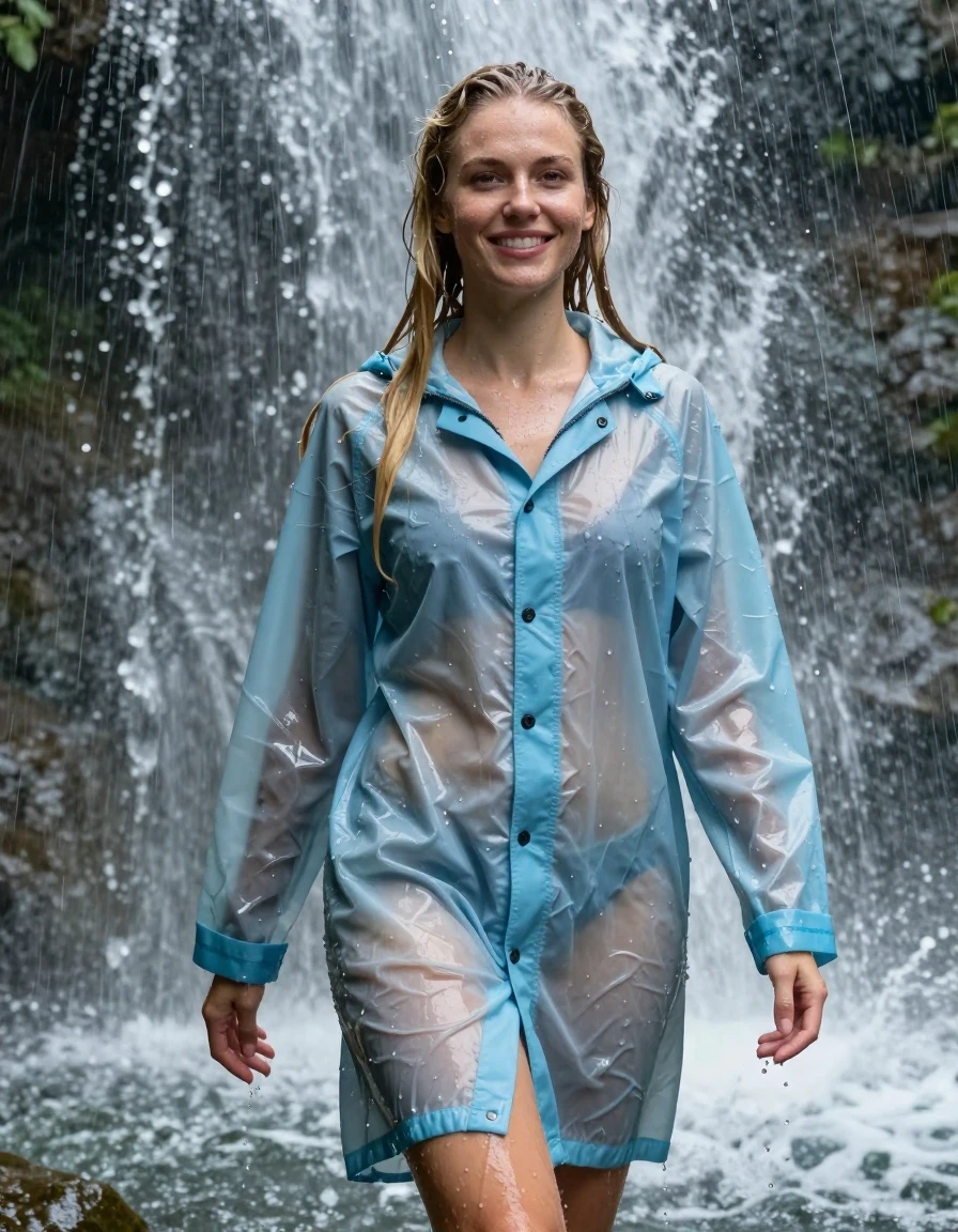 photo of young woman, in soaking wet, drenched clothes,
No underwear , Light blue raincoat soaking wet , Standing in the waterfall in the pouring rain , 
enjoying, wet clothes stuck to body,
detailed textures of the wet clothes, wet face, wet plastered hair,
wet, drenched, professional, high-quality details, full body view.
sharp focus, ultra-high pixel detail, realistic, high-quality, full colors, incredibly detailed, 4k, 8k, 16k, hyper-realistic, RAW photo, masterpiece, ultra-detailed, professionally color graded, professional photograph, photo of young woman, in soaking wet, drenched light blue rainjacket ,, dripping wet, shiny, completely soaked, , clinging to her body  with no bra worn, shower on her , deep water, arms to the side, in a waterfall, enjoying, wet clothes stuck to body, detailed textures of the wet clothes, wet face, wet plastered hair, wet, drenched, professional, high-quality details, full body view. sharp focus, ultra-high pixel detail, realistic, high-quality, full colors, incredibly detailed, 4k, 8k, 16k, hyper-realistic, RAW photo, masterpiece, ultra-detailed, professionally color graded, professional photograph, blond, very long hair soaking wet, smiling, looking to the camera, completely soaked, drenched, dripping wet, wet skin, wet hair, wet clothes, damp fabric, wet skin, drenched fabric, wet clothes, wet skin, wet clothes, damp fabric, wet skin, wet clothes, damp fabric, wet skin, wet clothes, drenched fabric, wet skin, wet clothes, damp fabric, wet skin, wet clothes, damp fabric, wet skin, wet clothes, damp fabric, wet skin, wet clothes, damp fabric
