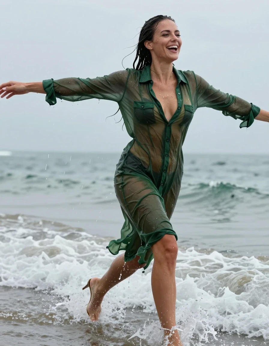 photo of young woman, in soaking wet, drenched clothes,
high-heels, , see-through, transparent, dark green cotton floor-length shirt dress, collar-up, complete buttoned-up, long sleeves, completely soaked, clinging to her body and clearly visible breasts and nipples underneath, with no bra worn, shower on her blouse and head, deep water, arms stretched out horizontally to the side, running in the waves on the beach, 
enjoying, wet clothes stuck to body,
detailed textures of the wet clothes, wet face, wet plastered hair,
wet, drenched, professional, high-quality details, full body view.
sharp focus, ultra-high pixel detail, realistic, high-quality, full colors, incredibly detailed, 4k, 8k, 16k, hyper-realistic, RAW photo, masterpiece, ultra-detailed, professionally color graded, professional photograph, view form the side, laughing, brunette, very long, heavy rain, completely soaked, drenched, dripping wet, wet skin, wet hair, wet clothes, damp fabric, wet skin, damp fabric, wet clothes, wet skin, wet clothes, damp fabric, wet skin, wet clothes, damp fabric, wet skin, wet clothes, damp fabric, wet skin, wet clothes, damp fabric, wet skin, wet clothes, damp fabric