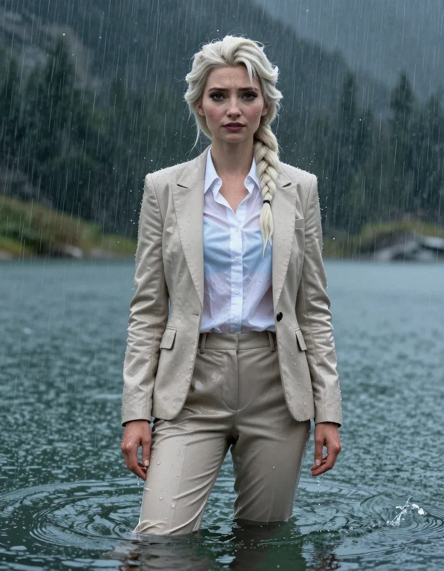 A photorealistic full-body shot of a young adult European woman with the likeness of Elsa from Frozen, featuring a long layered cut with a side parting, standing fully submerged in a deep mountain lake during a heavy rainstorm. She is wearing a crisp white button-down long-sleeve shirt under a beige business suit jacket and matching beige business suit trousers. The entire outfit is completely soaked, drenched, and clinging to her body, with the white fabric becoming translucent and the beige fabric significantly darkened by water saturation. Her skin is glistening with a wet sheen, and her hair is plastered to her face and shoulders by the rain. She is looking directly forward with open eyes, standing in the water as rain pours down on her. The scene is set in a dramatic, stormy mountain environment with heavy rainfall creating ripples and splashes on the water's surface. High-resolution photography, 4k, cinematic lighting, intense wet look, damp fabric texture with visible folds and heavy weight, realistic skin moisture, atmospheric rain storm, sharp focus on the subject.