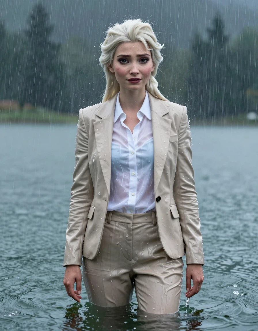 A photorealistic full-body shot of Disney Elsa from Frozen depicted as a young adult European woman with a long layered cut and side-parted hair, standing fully submerged in deep water at a mountain lake during a heavy rainstorm. She is wearing a white button-down long-sleeve shirt under a beige business suit jacket and matching beige business suit trousers. The entire outfit is completely soaked, drenched, and clinging to her body, with the white fabric becoming translucent and the beige fabric showing deep, unevenly saturated wet patches, heavy folds, and a dark, water-saturated texture. Her skin is glistening with a wet sheen, and her hair is plastered down by the torrential rain. She is standing with open eyes, looking directly ahead while being showered by heavy, visible rain streaks. The lighting is moody and atmospheric, emphasizing the wetlook, the clinging damp fabric, and the turbulent water surrounding her. 4k resolution, hyper-detailed textures, cinematic composition, realistic water physics.