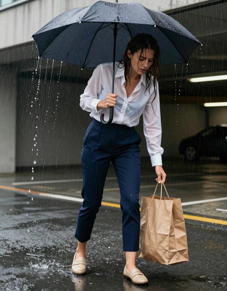 photo of young woman, in soaking wet, drenched clothes,
beige leather loafers, drenched and slick, tapered navy blue ankle-length trousers, soaking wet and clinging to skin, crisp white cotton button-down shirt, translucent from heavy rain, fully saturated, under the concrete overhang of a parking garage entrance, rain pouring in background, 
enjoying, wet clothes stuck to body,
detailed textures of the wet clothes, wet face, wet plastered hair,
wet, drenched, professional, high-quality details, full body view.
sharp focus, ultra-high pixel detail, realistic, high-quality, full colors, incredibly detailed, 4k, 8k, 16k, hyper-realistic, RAW photo, masterpiece, ultra-detailed, professionally color graded, professional photograph, Woman struggling to open a stubborn umbrella while clutching a brown paper grocery bag, raindrops splashing on the pavement, fabric texture clearly showing water absorption, high-angle medium shot, sharp focus, vivid natural daylight, cinematic lifestyle photography, wet skin, wet clothes, damp fabric