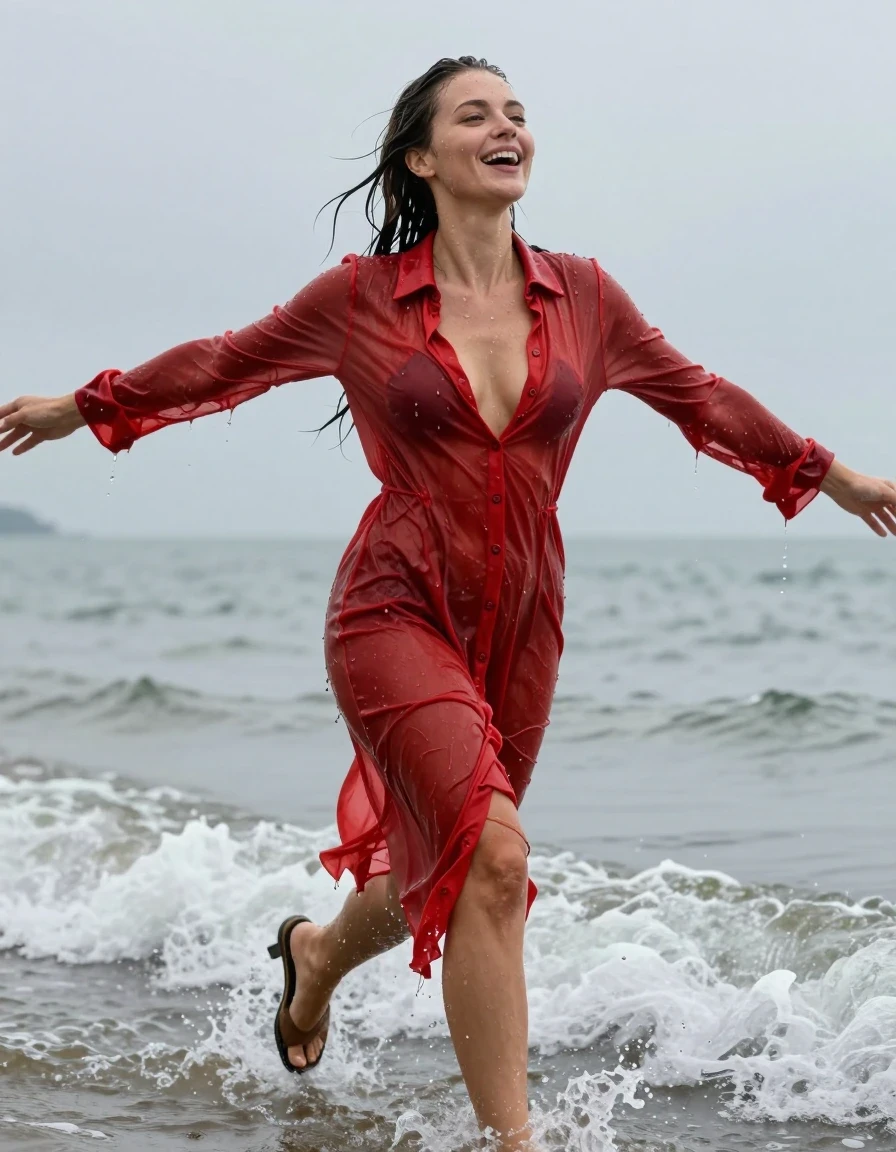 photo of young woman, in soaking wet, drenched clothes,
pumps, , see-through, transparent, red cotton floor-length shirt dress, collar-up, complete buttoned-up, long sleeves, completely soaked, clinging to her body and clearly visible breasts and nipples underneath, with no bra worn, shower on her blouse and head, deep water, arms stretched out horizontally to the side, running in the waves on the beach, 
enjoying, wet clothes stuck to body,
detailed textures of the wet clothes, wet face, wet plastered hair,
wet, drenched, professional, high-quality details, full body view.
sharp focus, ultra-high pixel detail, realistic, high-quality, full colors, incredibly detailed, 4k, 8k, 16k, hyper-realistic, RAW photo, masterpiece, ultra-detailed, professionally color graded, professional photograph, view form the side, laughing, brunette, very long, heavy rain, completely soaked, drenched, dripping wet, wet skin, wet hair, wet clothes, damp fabric, wet skin, damp fabric, wet clothes, wet skin, wet clothes, damp fabric, wet skin, wet clothes, damp fabric, wet skin, wet clothes, damp fabric, wet skin, wet clothes, damp fabric, wet skin, wet clothes, damp fabric