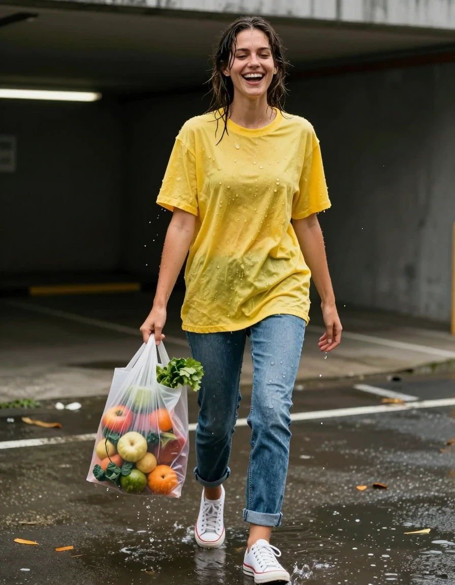 photo of young woman, in soaking wet, drenched clothes,
white canvas sneakers soaked through with visible water puddles, faded denim blue jeans drenched and clinging to skin, oversized lemon yellow cotton t-shirt heavily saturated and dripping, concrete entrance of a dimly lit parking garage, 
enjoying, wet clothes stuck to body,
detailed textures of the wet clothes, wet face, wet plastered hair,
wet, drenched, professional, high-quality details, full body view.
sharp focus, ultra-high pixel detail, realistic, high-quality, full colors, incredibly detailed, 4k, 8k, 16k, hyper-realistic, RAW photo, masterpiece, ultra-detailed, professionally color graded, professional photograph, a young woman in her twenties laughing while clutching a leaking grocery bag filled with fresh produce, she is stepping through shallow rainwater, water droplets clinging to her skin and hair, editorial fashion photography, high-angle wide shot, realistic textures, vibrant natural colors, cinematic lighting, 8k resolution, sharp focus, wet skin, wet clothes, damp fabric