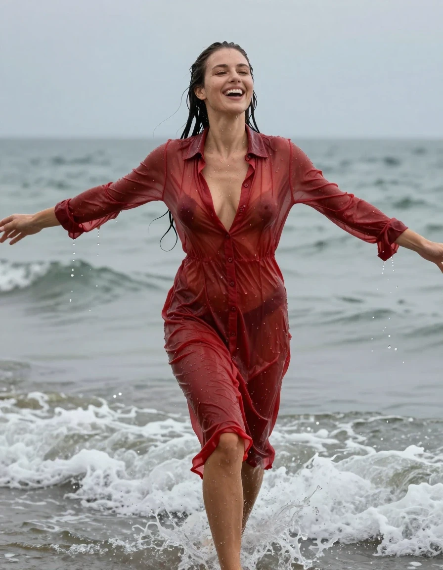 photo of young woman, in soaking wet, drenched clothes,
pumps, , see-through, transparent, red cotton floor-length shirt dress, collar-up, complete buttoned-up, long sleeves, completely soaked, clinging to her body and clearly visible breasts and nipples underneath, with no bra worn, shower on her blouse and head, deep water, arms stretched out horizontally to the side, running in the waves on the beach, 
enjoying, wet clothes stuck to body,
detailed textures of the wet clothes, wet face, wet plastered hair,
wet, drenched, professional, high-quality details, full body view.
sharp focus, ultra-high pixel detail, realistic, high-quality, full colors, incredibly detailed, 4k, 8k, 16k, hyper-realistic, RAW photo, masterpiece, ultra-detailed, professionally color graded, professional photograph, view form the side, laughing, brunette, very long, heavy rain, completely soaked, drenched, dripping wet, wet skin, wet hair, wet clothes, damp fabric, wet skin, damp fabric, wet clothes, wet skin, wet clothes, damp fabric, wet skin, wet clothes, damp fabric, wet skin, wet clothes, damp fabric, wet skin, wet clothes, damp fabric, wet skin, wet clothes, damp fabric