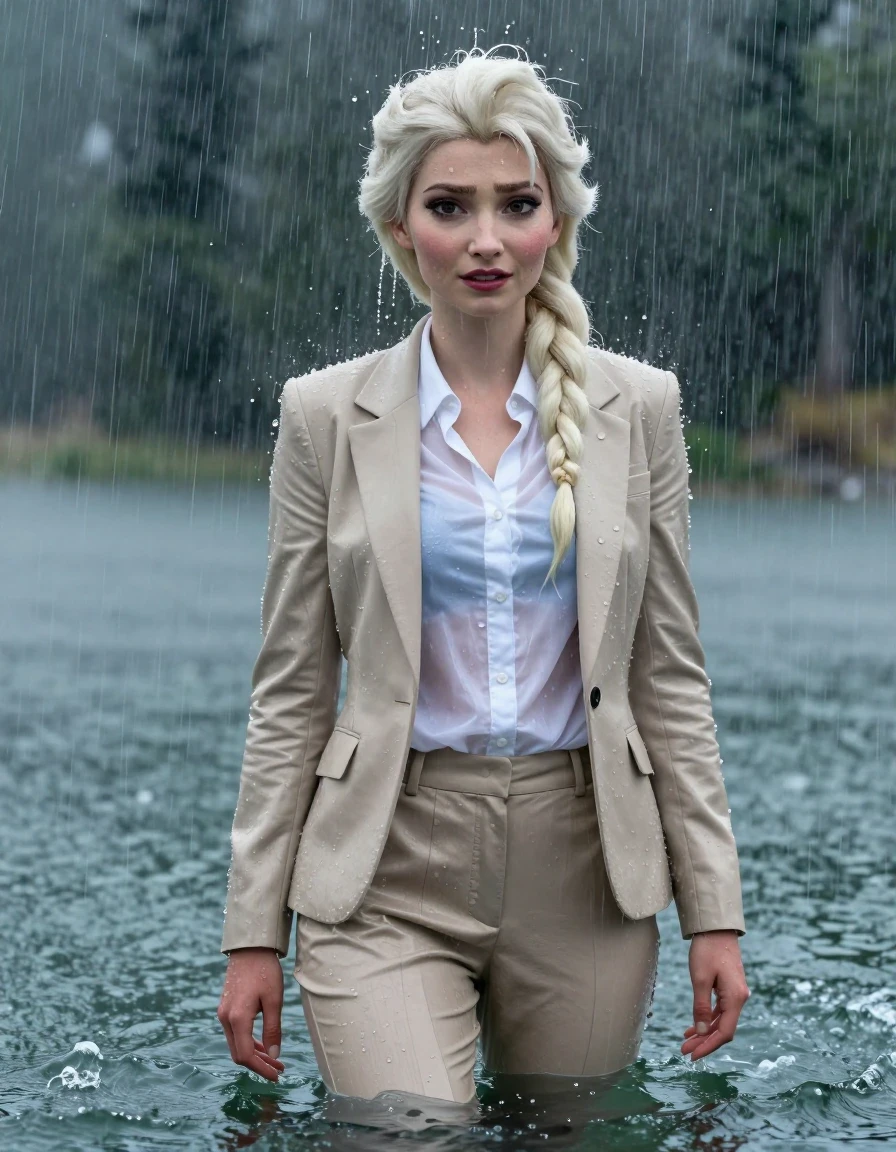 Photorealistic full-body portrait of Disney Elsa from Frozen, appearing as a young adult European woman with a long layered cut and side-parted hair, standing in a mountain lake during a heavy rainstorm. She is fully submerged up to her breasts in deep water, wearing a white button-down long-sleeve shirt under a beige business suit jacket and matching beige business suit trousers. Her clothing is completely soaked, fully drenched, and clinging to her body, with the white shirt becoming translucent and revealing wet skin underneath. The fabric exhibits heavy wet folds, damp texture, and a water sheen. She has a sexy expression with open eyes, looking directly at the viewer while showering under the torrential rain. The lighting is moody and atmospheric, emphasizing the wet skin, dripping hair, and the dark, saturated tones of the drenched business attire. 4k high resolution, cinematic photography, sharp focus, water droplets splashing on the surface, hyper-realistic wetlook effect.