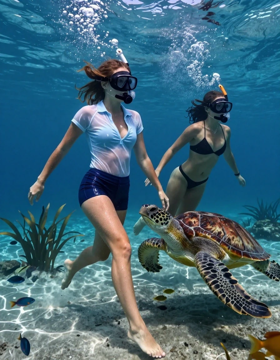 Cinematic underwater photography of two young adult European women free-diving near the sandy ocean floor, surrounded by swaying aquatic plants and small schools of tropical fish. The primary subject is wearing a light blue, soaking-wet polo shirt with a deep neckline, clinging to her skin and becoming almost entirely transparent due to the water, worn without a bra, paired with dark blue, wide, wet boxer shorts that cling to her legs. She is barefoot, wearing a diving mask and snorkel with a stream of air bubbles escaping upward. She is gracefully swimming alongside a large sea turtle. A second woman accompanies her, wearing a black thong, also equipped with a diving mask and snorkel with visible air bubbles. The scene features highly realistic wetness: skin covered in a subtle water sheen, wet hair floating in the current, and fabric textures showing deep color saturation and heavy water-weight folds. Natural, filtered sunlight pierces through the deep blue water from above, creating caustic light patterns on the sea floor. High-resolution, photorealistic, sharp focus on the subjects and the sea turtle, vibrant marine environment, 8k resolution, professional underwater cinematography.