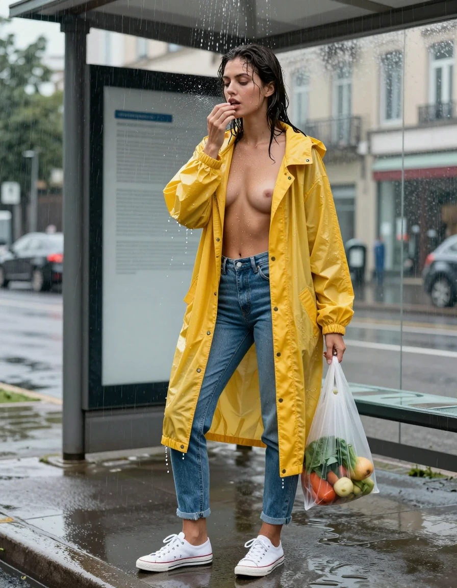 photo of young woman, in soaking wet, drenched clothes,
white leather sneakers with soaked canvas, faded blue denim jeans, heavy with rainwater, oversized lemon yellow hooded windbreaker, water dripping from hem, urban bus stop shelter during a sudden downpour, 
enjoying, wet clothes stuck to body,
detailed textures of the wet clothes, wet face, wet plastered hair,
wet, drenched, professional, high-quality details, full body view.
sharp focus, ultra-high pixel detail, realistic, high-quality, full colors, incredibly detailed, 4k, 8k, 16k, hyper-realistic, RAW photo, masterpiece, ultra-detailed, professionally color graded, professional photograph, woman shielding a plastic grocery bag with fresh produce, sudden burst of water from a roof drainpipe hitting her shoulders, fabric clinging to skin, glistening wet hair, photorealistic lifestyle photography, rich natural color, balanced bright exposure, moderate contrast, softly lifted shadows, wide angle street photography framing., wet skin, wet clothes, damp fabric