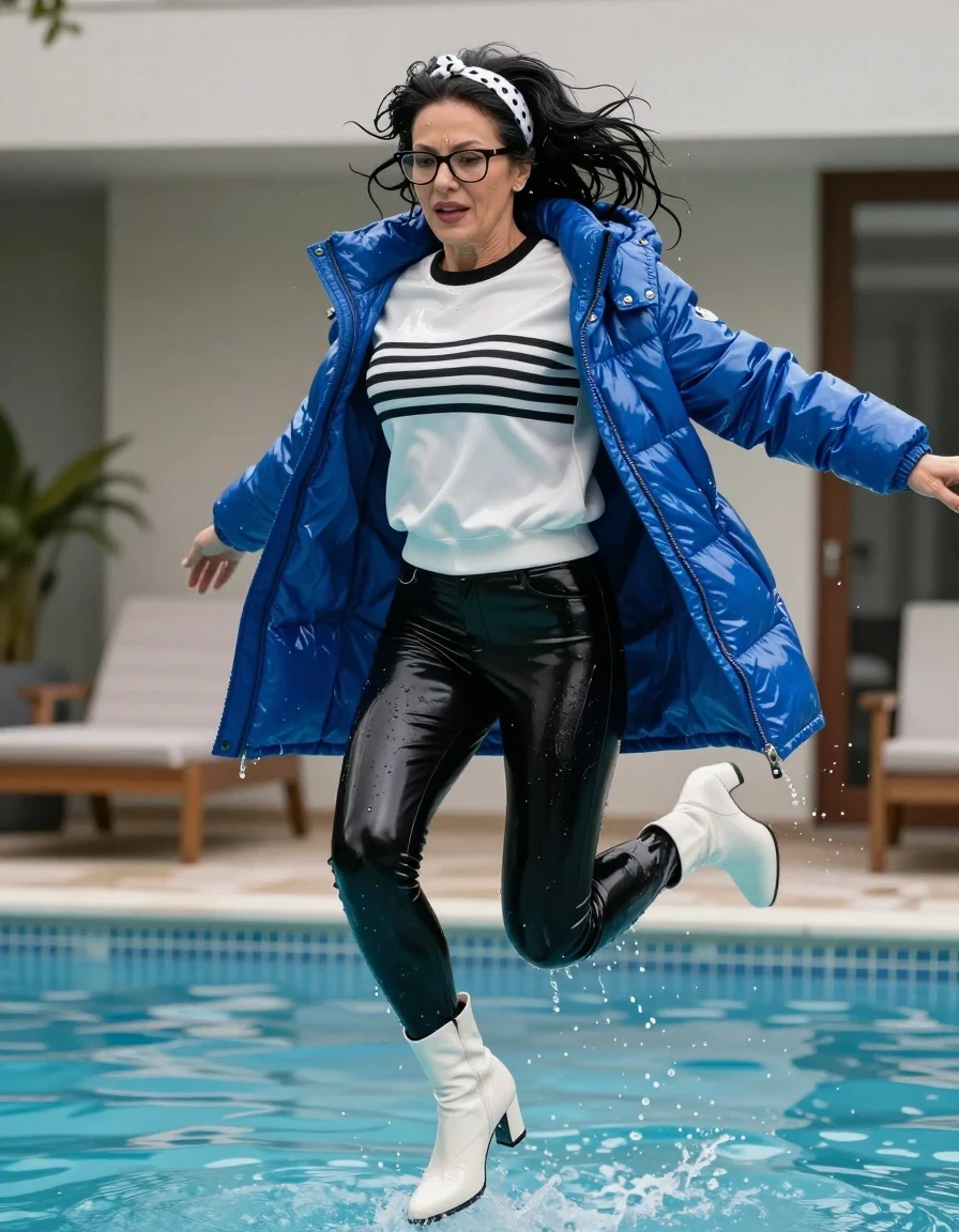 photo of young woman, in soaking wet, drenched clothes,
high-heeled white boots, shiny black llatex jeans , Shiny white & black striped sweatertop with long sleeves, maxi dări blue Shiny down jacket ,  Jumping in pool, 
enjoying, wet clothes stuck to body,
detailed textures of the wet clothes, wet face, wet plastered hair,
wet, drenched, professional, high-quality details, full body view.
sharp focus, ultra-high pixel detail, realistic, high-quality, full colors, incredibly detailed, 4k, 8k, 16k, hyper-realistic, RAW photo, masterpiece, ultra-detailed, professionally color graded, professional photograph, european brunette skinny woman 50 years old, long dark black hair, office glasses, white polka-dot headband, very big and thick lips, complete body, wet skin, wet clothes, damp fabric, wet skin, wet clothes, damp fabric, wet skin, wet clothes, damp fabric, wet skin, wet clothes, damp fabric, wet skin, wet clothes, damp fabric, wet skin, wet clothes, damp fabric, wet skin, wet clothes, damp fabric, wet skin, wet clothes, damp fabric, wet skin, wet clothes, damp fabric