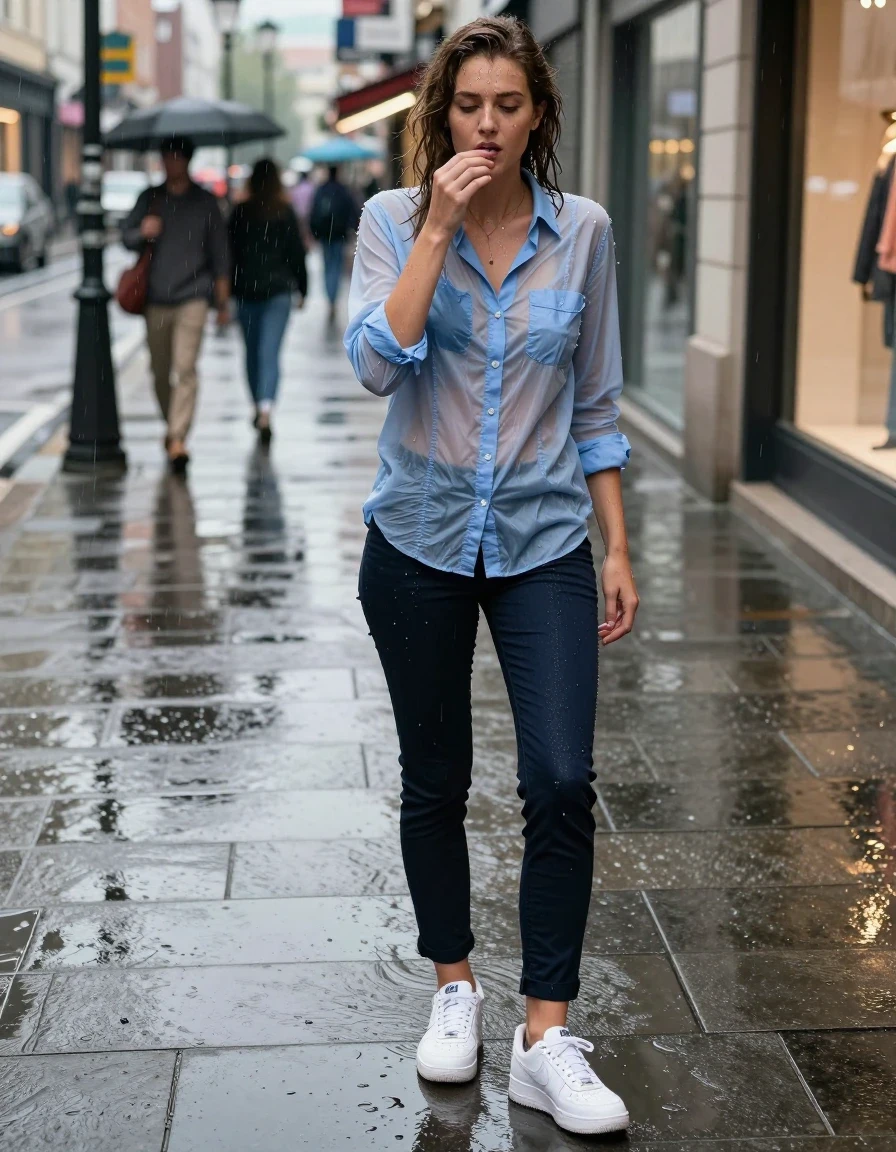 photo of young woman, in soaking wet, drenched clothes,
soaked white leather nike air force 1 sneakers with visible water pooling, heavy wet dark navy slim-fit trousers clinging to skin, drenched light blue cotton button-down shirt with transparent fabric textures, bustling urban shopping district sidewalk, heavy rain, wet asphalt, 
enjoying, wet clothes stuck to body,
detailed textures of the wet clothes, wet face, wet plastered hair,
wet, drenched, professional, high-quality details, full body view.
sharp focus, ultra-high pixel detail, realistic, high-quality, full colors, incredibly detailed, 4k, 8k, 16k, hyper-realistic, RAW photo, masterpiece, ultra-detailed, professionally color graded, professional photograph, , streetlamp highlights reflecting off saturated clothing, flash photography style with glossy surface reflections, high-angle wide shot, photorealistic lifestyle photography, rich natural color, balanced bright exposure, moderate contrast, softly lifted shadows., wet skin, wet clothes, damp fabric