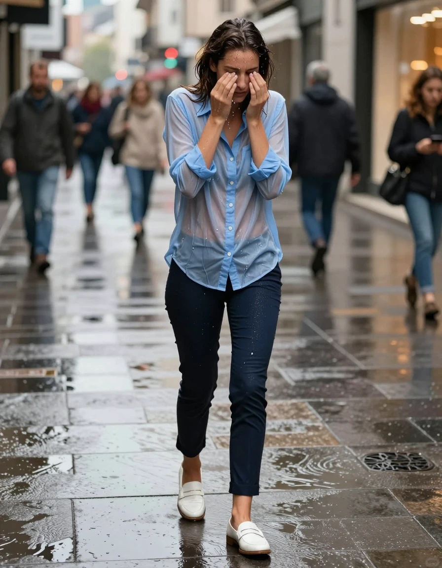 photo of young woman, in soaking wet, drenched clothes,
soaked white leather loafers with visible water pooling, heavy wet dark navy slim-fit trousers clinging to skin, drenched light blue cotton button-down shirt with transparent fabric textures, bustling urban shopping district sidewalk, post-rain, wet asphalt, 
enjoying, wet clothes stuck to body,
detailed textures of the wet clothes, wet face, wet plastered hair,
wet, drenched, professional, high-quality details, full body view.
sharp focus, ultra-high pixel detail, realistic, high-quality, full colors, incredibly detailed, 4k, 8k, 16k, hyper-realistic, RAW photo, masterpiece, ultra-detailed, professionally color graded, professional photograph, a woman in the process of wiping water droplets from her face, streetlamp highlights reflecting off saturated clothing, flash photography style with glossy surface reflections, high-angle wide shot, photorealistic lifestyle photography, rich natural color, balanced bright exposure, moderate contrast, softly lifted shadows., wet skin, wet clothes, damp fabric