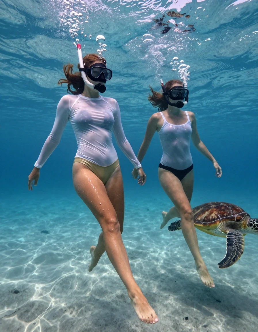 Photorealistic underwater cinematic shot of two young European women free-diving near the sandy ocean floor. The first woman is barefoot, wearing a khaki-colored wet glossy vintage thong and a very tight, soaking-wet white translucent long-sleeved shirt with no bra underneath, the fabric clinging tightly to her skin and becoming highly transparent. A second woman accompanies her, wearing a casual tank top and a black wet thong. Both women are wearing diving masks and snorkels, with streams of air bubbles escaping their snorkels and rising toward the surface. They are swimming gracefully in pursuit of a sea turtle gliding past them. The scene captures natural underwater body positioning, with the wet fabric of their clothing showing heavy water saturation, deep folds, and realistic transparency. The environment features a clear ocean floor with natural light filtering down through the water, illuminating the suspended particles and the glossy sheen on their wet skin and hair. High-resolution, crisp textures, professional underwater photography, 8k, detailed anatomy, realistic water physics, vibrant marine life.