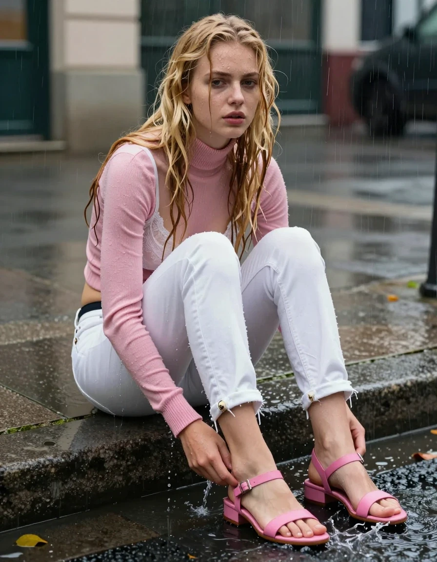 photo of young woman, in soaking wet, drenched clothes,
wet pink leather strappy sandels, very wet and clingy white denim jeans with black panties underneath, wet clingy pink thin turtleneck sweater with long sleeves with a white lacy bra underneath, sitting on a sidewalk curb in the city with legs in the street gutter, 
enjoying, wet clothes stuck to body,
detailed textures of the wet clothes, wet face, wet plastered hair,
wet, drenched, professional, high-quality details, full body view.
sharp focus, ultra-high pixel detail, realistic, high-quality, full colors, incredibly detailed, 4k, 8k, 16k, hyper-realistic, RAW photo, masterpiece, ultra-detailed, professionally color graded, professional photograph, 18+ teen girl with long wet tangled blonde hair sitting in the pouring rain on a cloudy day. Feet are in street and water pouring down the street splashing the shoes and jeans  Girl sitting on sidewalk with legs spread apart and hands on her legs  She drenched from the rain.  She looking straight ahead looking hopeless, wet skin, wet clothes, damp fabric