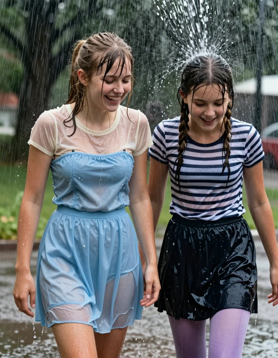 photo of young woman, in soaking wet, drenched clothes,
, , casual wear, 2 girls play together  while it pours water on them during a heavy storm, 
enjoying, wet clothes stuck to body,
detailed textures of the wet clothes, wet face, wet plastered hair,
wet, drenched, professional, high-quality details, full body view.
sharp focus, ultra-high pixel detail, realistic, high-quality, full colors, incredibly detailed, 4k, 8k, 16k, hyper-realistic, RAW photo, masterpiece, ultra-detailed, professionally color graded, professional photograph, 2 small college girls both having fun together. both similar age, a nineteen year old girl, a She has a wide square young face a very small chest, she is a pale brunette with a ponytail and bangs and a septum piercing, She is full of youthful energy, she is wearing a cream short sleeve see through sparkly undershirt underneath her formal thick pale blue strapless dress
 her dress has a flat front with a wider base.  Her friend has dark blonde hair, she is wearing a stripped fitted t-shirt and a black skirt and light purple tights, her clothes darken from the water. She has a wide square face,, wet skin, wet clothes, damp fabric, wet skin, wet clothes, damp fabric, wet skin, wet clothes, damp fabric, wet skin, wet clothes, damp fabric, wet skin, wet clothes, damp fabric, wet skin, wet clothes, damp fabric, wet skin, wet clothes, damp fabric, wet skin, wet clothes, damp fabric, wet skin, wet clothes, damp fabric, wet skin, wet clothes, damp fabric