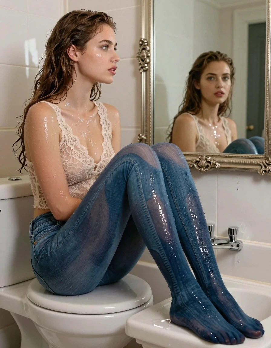 A stunning young adult European woman sitting on a toilet in a luxurious, romantic bathroom, gazing at her reflection in a massive, ornate wall-mounted mirror. She is wearing a delicate, sheer lace top that clings to her skin, paired with soaking-wet blue denim jeans tights; the water-saturated heavyweight denim has changed to deep navy and indigo with substantially darker, unevenly soaked patches, heavy wet folds, visible weave and stitching, and strong glossy specular reflections on the raised weave, seams, and creases. Her skin and hair appear damp with a realistic water sheen. The setting is intimate and elegant with soft, warm ambient lighting reflecting off polished surfaces. High-resolution, photorealistic, 8k, sharp focus, cinematic composition, clean anatomy, no dripping water, no unrealistic textures.