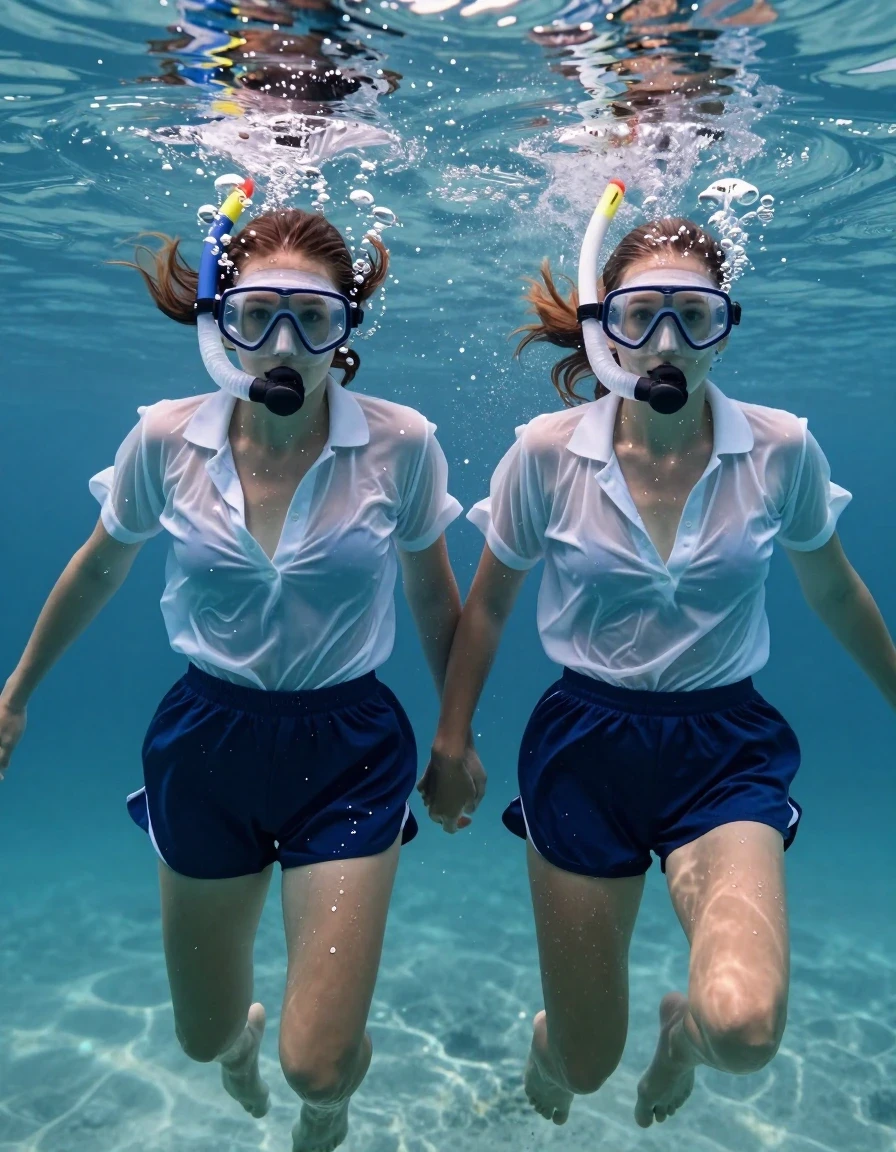A cinematic, photorealistic shot of two young adult European women emerging from the ocean, captured in a sequence that transitions from underwater to above the surface. Underwater scene near the seabed: the women are wearing diving masks and snorkels, with streams of air bubbles escaping their snorkels as they swim upward toward the shimmering surface. They are barefoot, wearing dark blue wide-cut retro athletic shorts that are soaking wet, clinging to their bodies, with deep navy saturation and heavy, water-logged fabric folds. They wear wide, light blue polo shirts with deep necklines, completely soaked and transparent, clinging to their skin with no bra underneath. As they break through the water surface, the camera performs a tight zoom-in on the head of one woman as she violently shakes her head, spraying water droplets from her drenched, slicked-back hair. The lighting is bright, natural sunlight filtering through the water, creating strong glossy specular reflections on their wet skin, hair, and the saturated, heavy fabric of their garments. High-speed photography, hyper-realistic water texture, vivid skin tones, intense wet-look aesthetic, sharp focus on the water droplets and facial expressions.