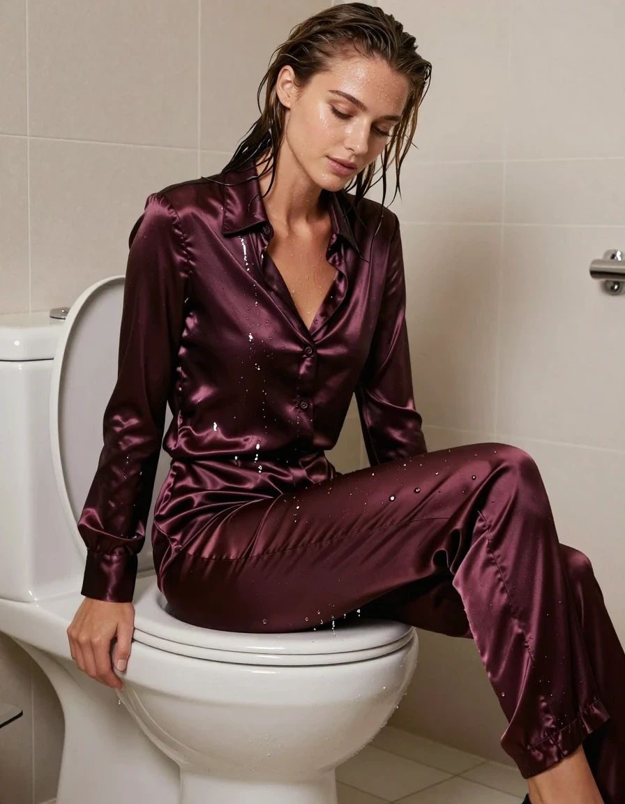 A photorealistic medium shot of a young adult European woman with wet, sleek hair and damp skin, sitting comfortably on a modern porcelain toilet in a luxurious, romantic bathroom setting. She is wearing a new satin blouse that is visibly soaked, clinging to her frame with deep, saturated tones, heavy fabric folds, and a high-gloss wet sheen, paired with sleek satin trousers and elegant high heels. The fabric displays realistic wet texture, darkening in areas of saturation while maintaining the distinct, shimmering weave of the satin material. The lighting is soft and ambient, highlighting the glossy, clinging fabric and the water-sheen on her skin. The composition is clean and elegant, focusing on the intimate, relaxed atmosphere of the scene, with sharp focus on the fabric textures, realistic skin tones, and refined interior decor, ensuring a high-fidelity photographic look without droplets or non-realistic elements.