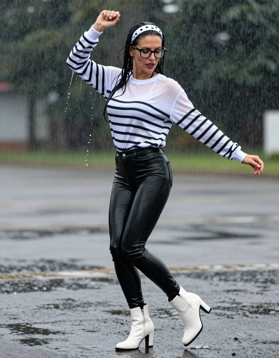 photo of young woman, in soaking wet, drenched clothes,
high-heeled white boots, shiny black llatex jeans , Shiny white & black striped sweatertop with long sleeves,  Dancing in the rain after swim, 
enjoying, wet clothes stuck to body,
detailed textures of the wet clothes, wet face, wet plastered hair,
wet, drenched, professional, high-quality details, full body view.
sharp focus, ultra-high pixel detail, realistic, high-quality, full colors, incredibly detailed, 4k, 8k, 16k, hyper-realistic, RAW photo, masterpiece, ultra-detailed, professionally color graded, professional photograph, european brunette skinny woman 50 years old, long dark black hair, office glasses, white polka-dot headband, very big and thick lips, complete body, wet skin, wet clothes, damp fabric, wet skin, wet clothes, damp fabric, wet skin, wet clothes, damp fabric, wet skin, wet clothes, damp fabric, wet skin, wet clothes, damp fabric, wet skin, wet clothes, damp fabric, wet skin, wet clothes, damp fabric, wet skin, wet clothes, damp fabric, wet skin, wet clothes, damp fabric
