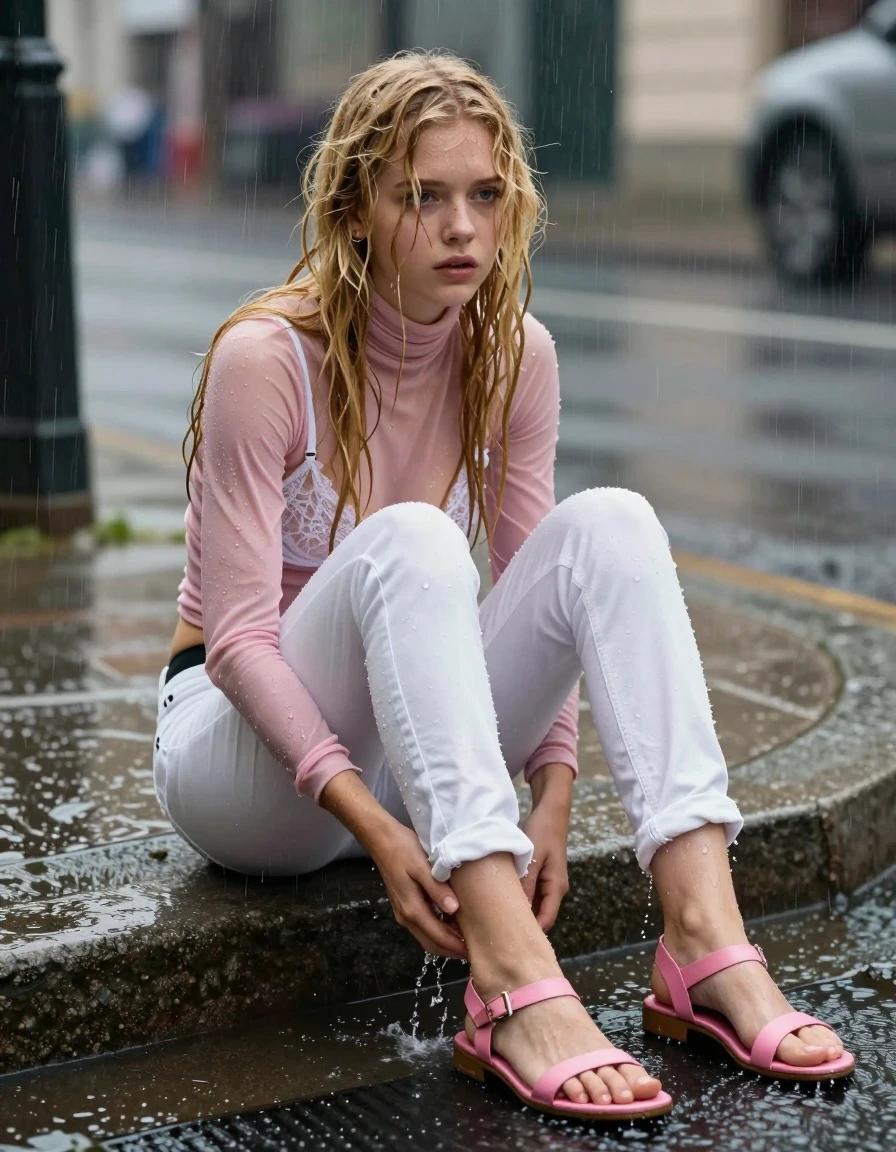 photo of young woman, in soaking wet, drenched clothes,
wet pink leather strappy sandels, very wet and clingy white denim jeans with black panties underneath, wet clingy pink thin turtleneck sweater with long sleeves with a white lacy bra underneath, sitting on a sidewalk curb in the city with legs in the street gutter, 
enjoying, wet clothes stuck to body,
detailed textures of the wet clothes, wet face, wet plastered hair,
wet, drenched, professional, high-quality details, full body view.
sharp focus, ultra-high pixel detail, realistic, high-quality, full colors, incredibly detailed, 4k, 8k, 16k, hyper-realistic, RAW photo, masterpiece, ultra-detailed, professionally color graded, professional photograph, 18+ teen girl with long wet tangled blonde hair sitting in the pouring rain on a cloudy day. Feet are in street and water pouring down the street splashing the shoes and jeans  Girl sitting on sidewalk with legs spread apart and hands on her legs  She drenched from the rain. The jeans and sweater are semi transparent partially showing the black panties and the white bra. She looking straight ahead looking hopeless in the rain, wet skin, wet clothes, damp fabric