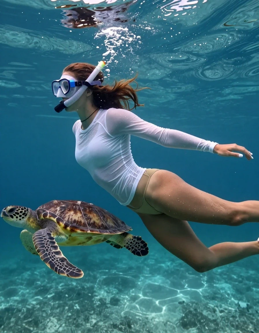 A stunning, photorealistic underwater shot of a young adult European woman with wet, flowing hair, swimming gracefully near the ocean floor. She is wearing a very tight, soaking-wet, translucent white long-sleeved shirt with no bra underneath, revealing skin texture and water clinging to the fabric, paired with a khaki-colored wet, glossy, old-fashioned thong. Her skin is glistening with a realistic underwater sheen. She is wearing a diving mask and snorkel, with delicate air bubbles escaping from the snorkel and rising toward the surface. She is captured in a natural swimming position, actively pursuing a sea turtle that is gliding past her, ensuring a fluid, horizontal swimming pose while avoiding any standing positions. The environment is the deep, clear ocean with soft, dappled sunlight filtering through the water. Cinematic lighting highlights the refraction, the wet texture of the clothing, and the vibrant details of the marine life, captured with high-speed underwater photography settings.