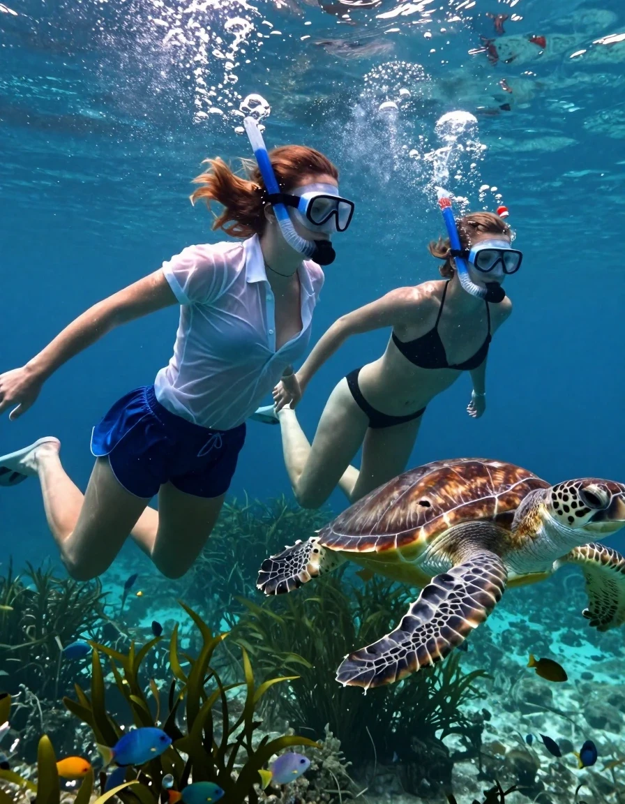 Cinematic underwater photography of two young adult European women swimming near the seafloor of the ocean. The primary subject wears a soaking-wet, translucent light-blue polo shirt with a deep neckline, revealing her skin beneath, paired with soaking-wet, dark-blue wide-cut retro athletic shorts that cling to her legs; the fabric is heavily saturated, dark, and translucent. Her companion wears a black thong, also soaking wet. Both women are wearing diving masks and snorkels, with distinct streams of air bubbles rising from their snorkels toward the surface. They are swimming naturally in a fluid, dynamic pose, following a sea turtle that glides past them. The scene is filled with small, colorful tropical fish darting around, and lush green water plants swaying on the sandy ocean floor. The lighting is natural, filtered through the ocean surface, creating caustic light patterns on their skin and clothing. Both women have wet, slicked-back hair and skin with a realistic water sheen. The image is captured in high resolution with sharp focus on the subjects and the turtle, emphasizing the realistic weight and transparency of their wet clothing, 8k, photorealistic.