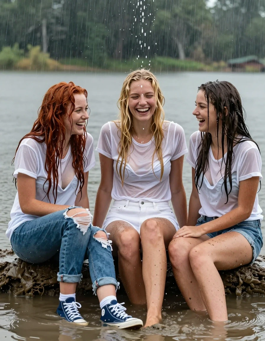 photo of young woman, in soaking wet, drenched clothes,
white blue sneakers with white socks,  long ripped blue denim jeans or white denim cutoffs with white panties underneath, white tee shirts with white bras underneath, a stormy muddy lake on a rainy day with trees in the background, 
enjoying, wet clothes stuck to body,
detailed textures of the wet clothes, wet face, wet plastered hair,
wet, drenched, professional, high-quality details, full body view.
sharp focus, ultra-high pixel detail, realistic, high-quality, full colors, incredibly detailed, 4k, 8k, 16k, hyper-realistic, RAW photo, masterpiece, ultra-detailed, professionally color graded, professional photograph, three teen girl friends are enjoying each other's company laughing and smiling. They are sitting in the water ,throwing water and mud at each other. All their clothes are drenched. wet fabric , damp fabric with water dripping off of them. there mud on there shirts, hair, jeans and bodies One girl has long wet tangled red hair, one girl has long wet tangled blonde hair and large breasts with no bra. one girl has long wet tangled brunette hair. Hair and clothes are clinging tightly to their bodies. The tee shirts are semi transparent making their bras visible underneath. the girls have been tearing at each others clothes and some of the tee shirts and shorts are ripped open  It is raining very hard and water is dripping off their drenched hair, shorts,  shirts and bodies., wet skin, wet clothes, damp fabric