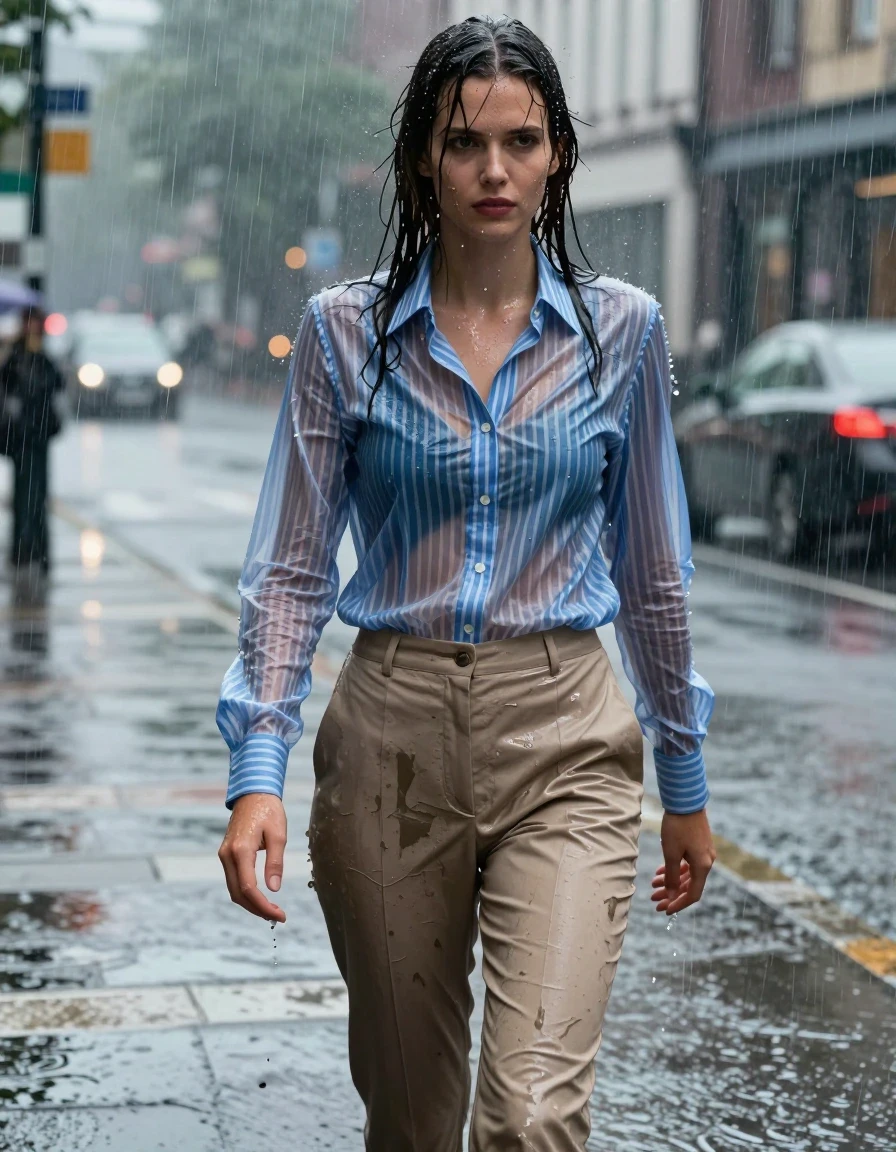 A photorealistic full-body shot of a young adult European woman caught in a torrential downpour. She is wearing a drenched, soaked blue and white striped business shirt that clings to her skin, with the fabric becoming semi-transparent and heavy, revealing deep color saturation in the stripes. She wears beige business trousers that are completely water-saturated, showing dark, uneven wet patches, clinging to her legs with heavy folds and visible fabric texture. Her skin is glistening with water, and her hair is plastered to her face and shoulders, dripping with rain. The environment is a city street during a heavy rainstorm with visible rain streaks, puddles, and high-contrast ambient lighting reflecting off the wet surfaces. Cinematic lighting, 8k resolution, highly detailed wet texture, sharp focus on the clinging wet clothing, realistic water sheen, and atmospheric moisture.