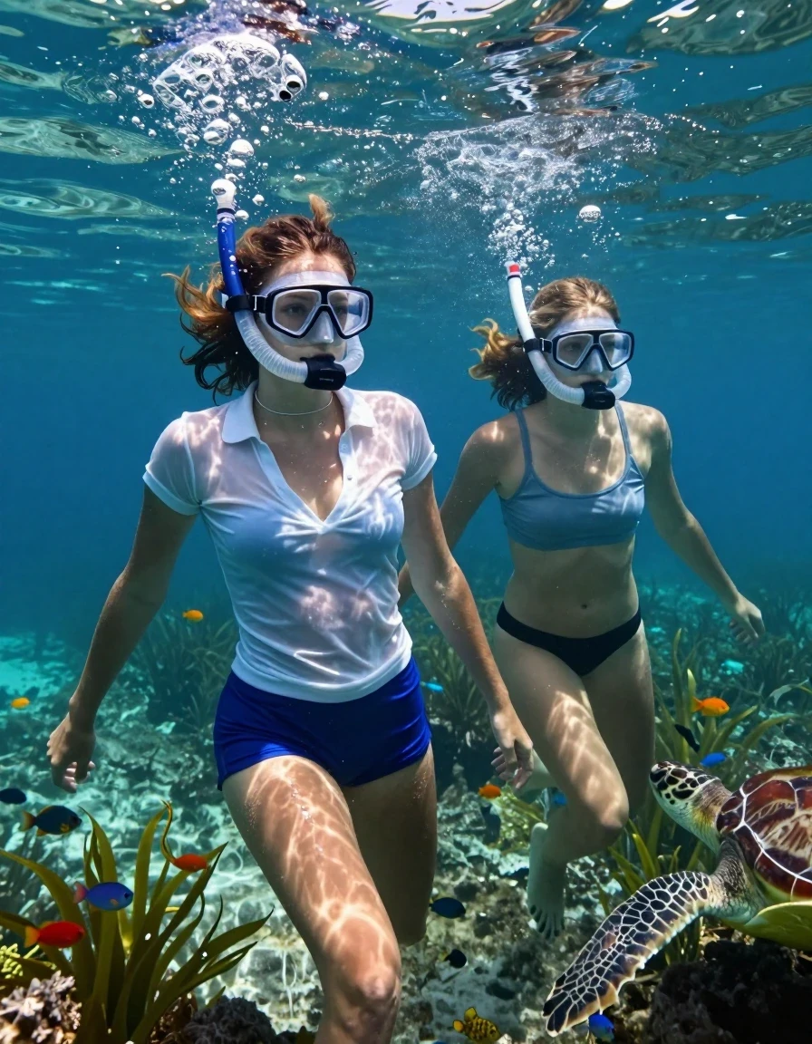 Photorealistic underwater scene capturing two young adult European women swimming near the ocean floor. The first woman wears a translucent, soaking-wet light blue polo shirt with a wide, deep neckline that clings to her torso, revealing skin texture underneath, paired with dark blue boxershorts that are heavily saturated, clinging to her skin with visible wet folds and deep, dark patches. The second woman is dressed in a wet tank top and a black thong. Both women are wearing diving masks and snorkels, with distinct, realistic air bubbles escaping upward from their snorkels toward the surface. They are in a natural swimming posture, following a sea turtle that glides past them. The environment is a vibrant seabed teeming with small, colorful tropical fish and lush, swaying green water plants. The water is clear with shafts of sunlight filtering down, creating caustic light patterns on their skin and clothing. The skin of both women appears realistically wet with a subtle sheen, and their hair is plastered to their heads by the water. Cinematic wide shot, high-resolution underwater photography, sharp focus, vibrant marine colors, realistic fluid physics, high-detail textures on fabric and skin.